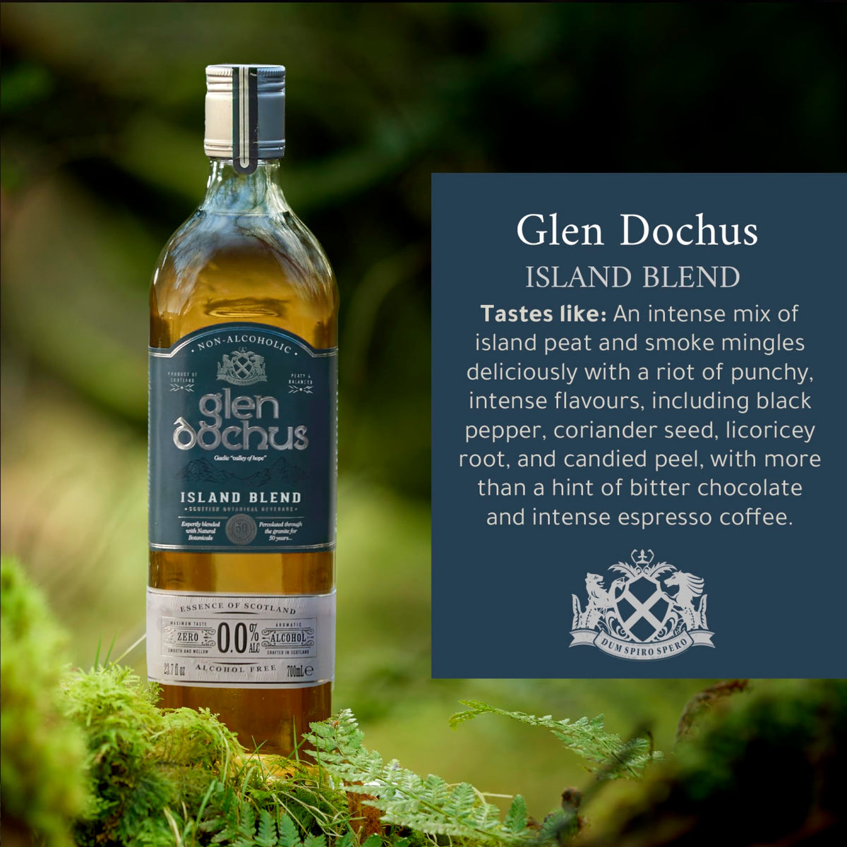 Glen Dochus Island Blend Non Alcoholic Whiskey – Peaty, Smoky Scottish NA Spirit (700ml) | Halal, Low Sugar