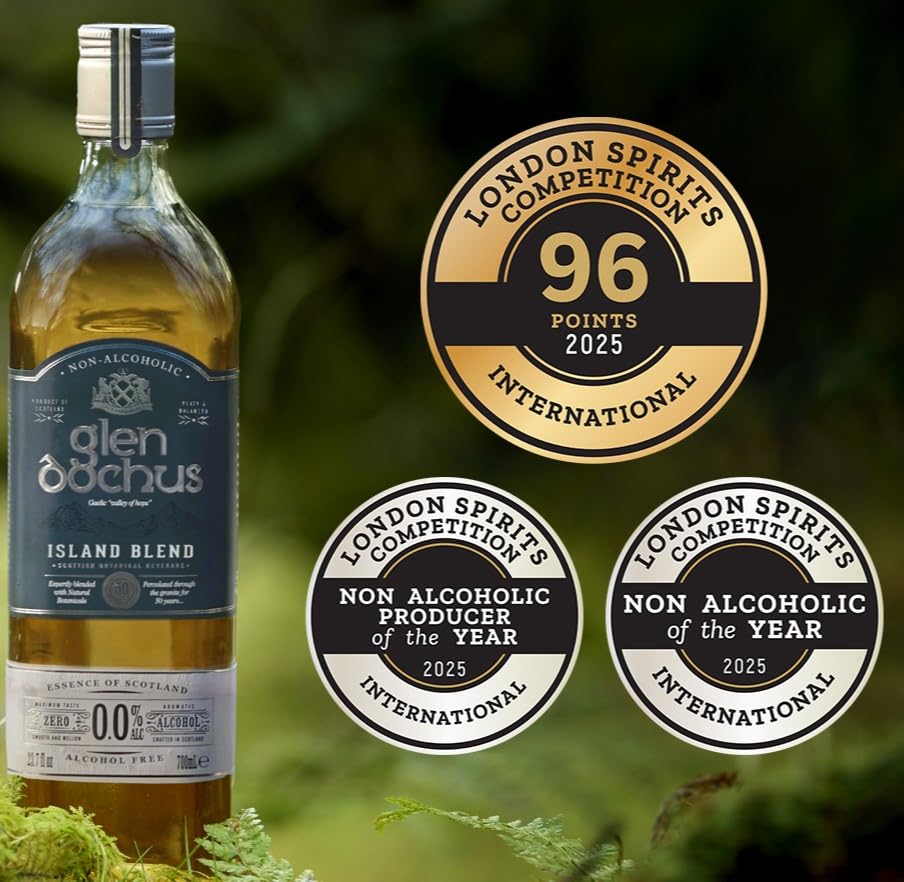 Glen Dochus Island Blend Non Alcoholic Whiskey – Peaty, Smoky Scottish NA Spirit (700ml) | Halal, Low Sugar
