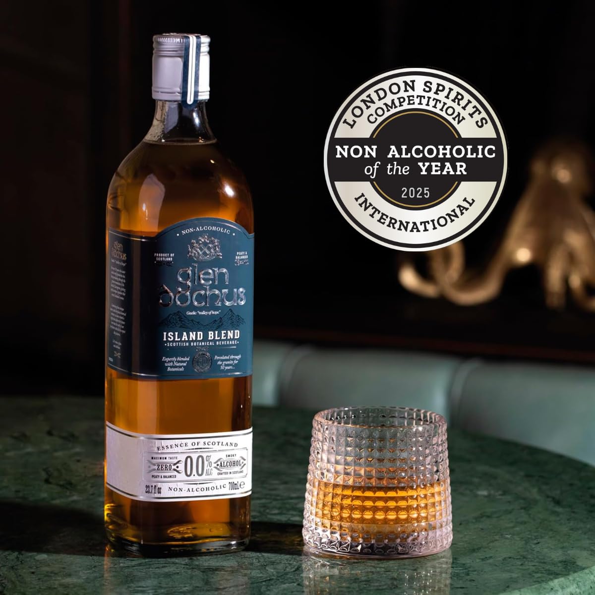 Glen Dochus Island Blend Non Alcoholic Whiskey – Peaty, Smoky Scottish NA Spirit (700ml) | Halal, Low Sugar