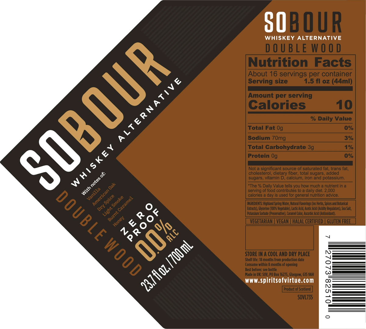 SOBOUR Doublewood Non Alcoholic Whisky 0.0% ABV | Vegan, Halal, Gluten Free | Think Distributors