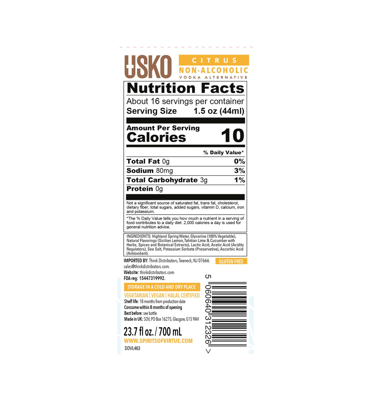USKO Citrus Non-Alcoholic Vodka 0.0% ABV – Lemon Lime Twist & Cucumber Breeze (700ml)