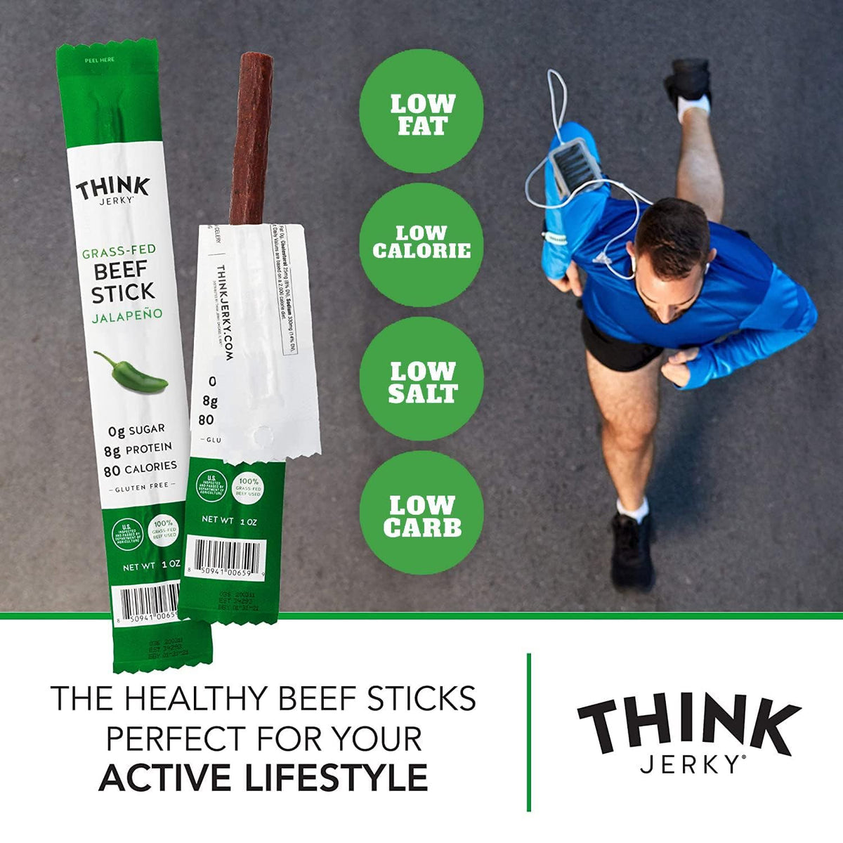 Think Jerky Jalapeño Beef Sticks — Gluten & Sugar Free, No Nitrates, Keto & Paleo High-Protein Snack (1 oz x10)