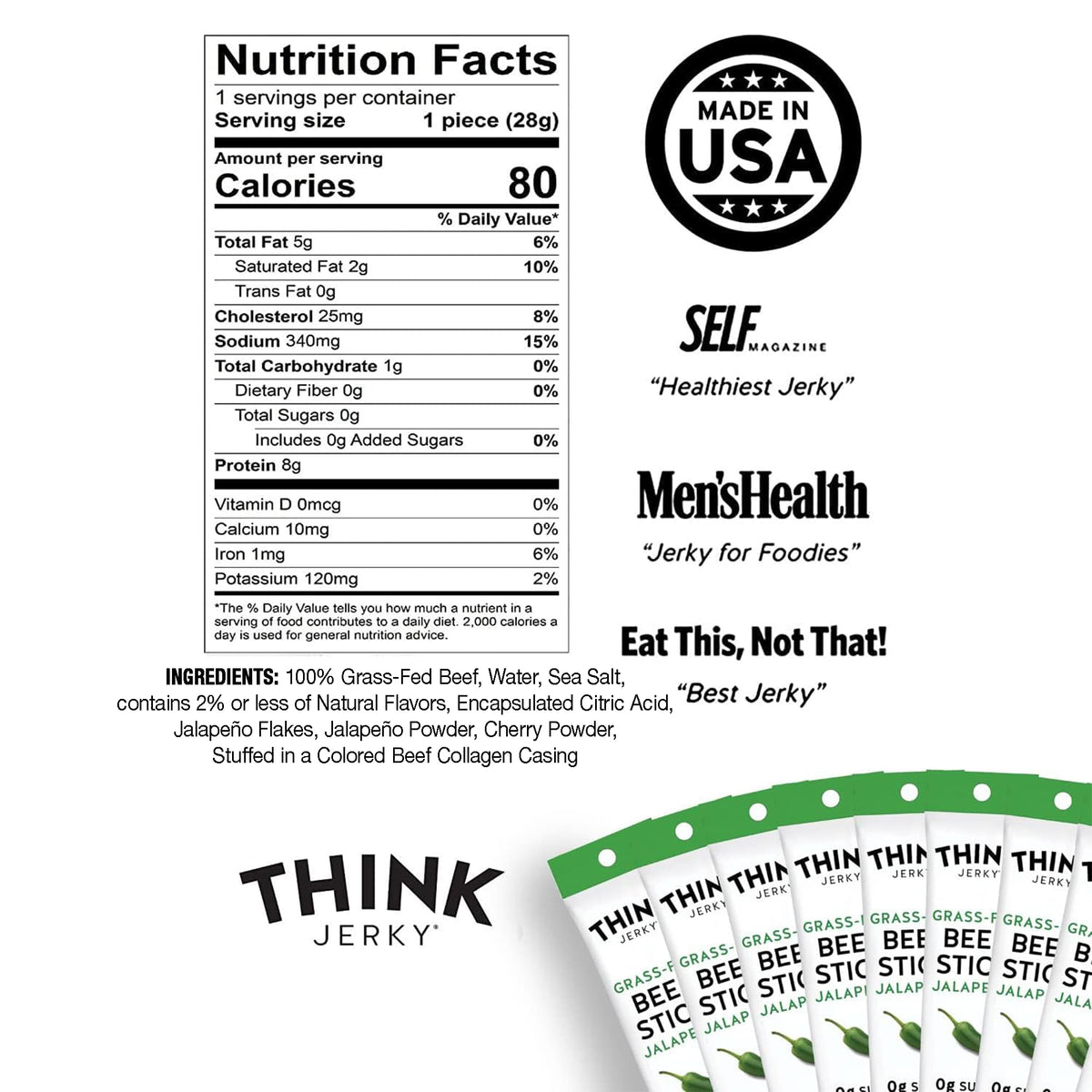 Think Jerky Jalapeño Beef Sticks — Gluten & Sugar Free, No Nitrates, Keto & Paleo High-Protein Snack (1 oz x10)