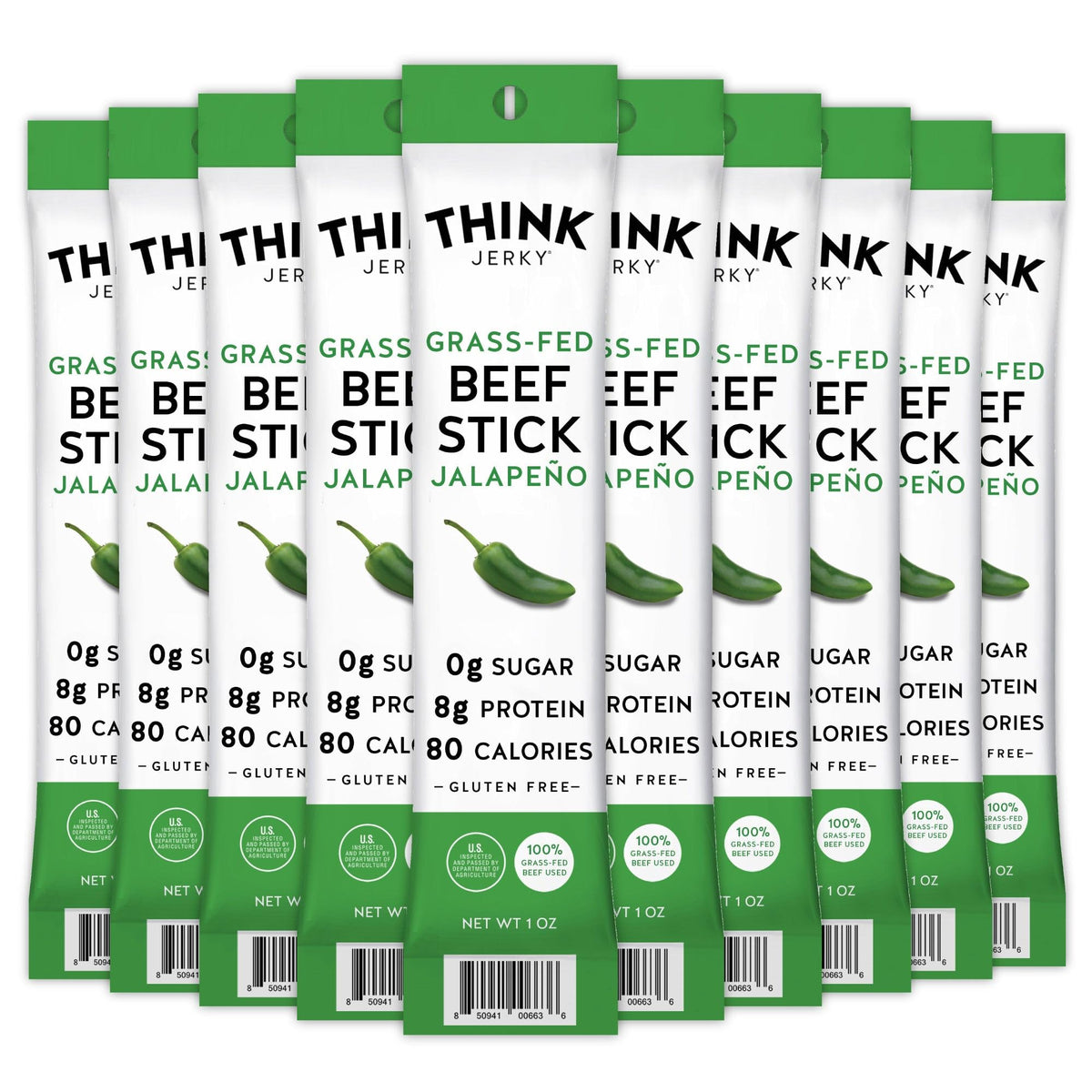Think Jerky Jalapeño Beef Sticks — Gluten & Sugar Free, No Nitrates, Keto & Paleo High-Protein Snack (1 oz x10)