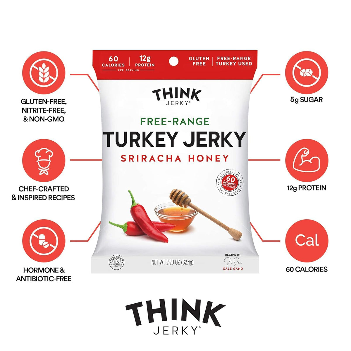 Think Jerky Beef & Turkey Jerky Variety Pack — Original, Sweet Chipotle, Sriracha Honey, Sesame Teriyaki (2.2 oz each) 4 Pack