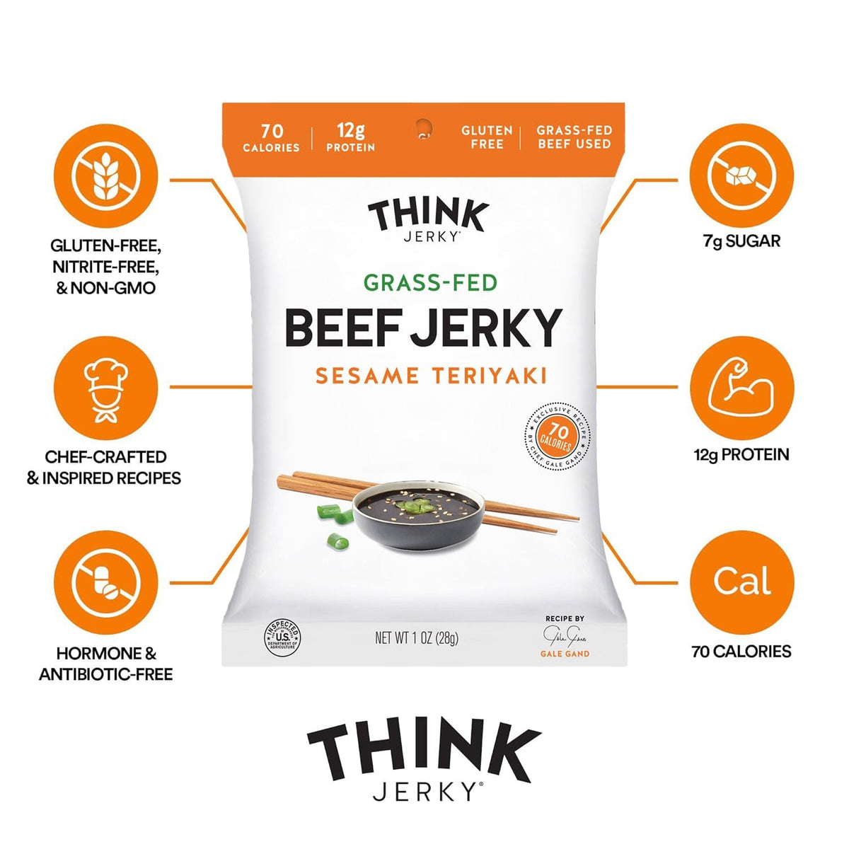 Think Jerky Sesame Teriyaki Beef Jerky – Grass-Fed, Gluten Free, High Protein (1 oz x8)