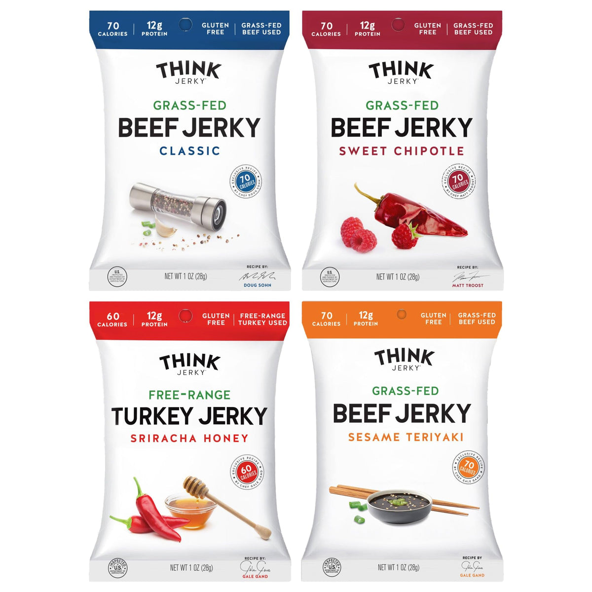 Think Jerky Beef & Turkey Jerky Variety Pack — Original, Sweet Chipotle, Sriracha Honey, Sesame Teriyaki (2.2 oz each) 4 Pack