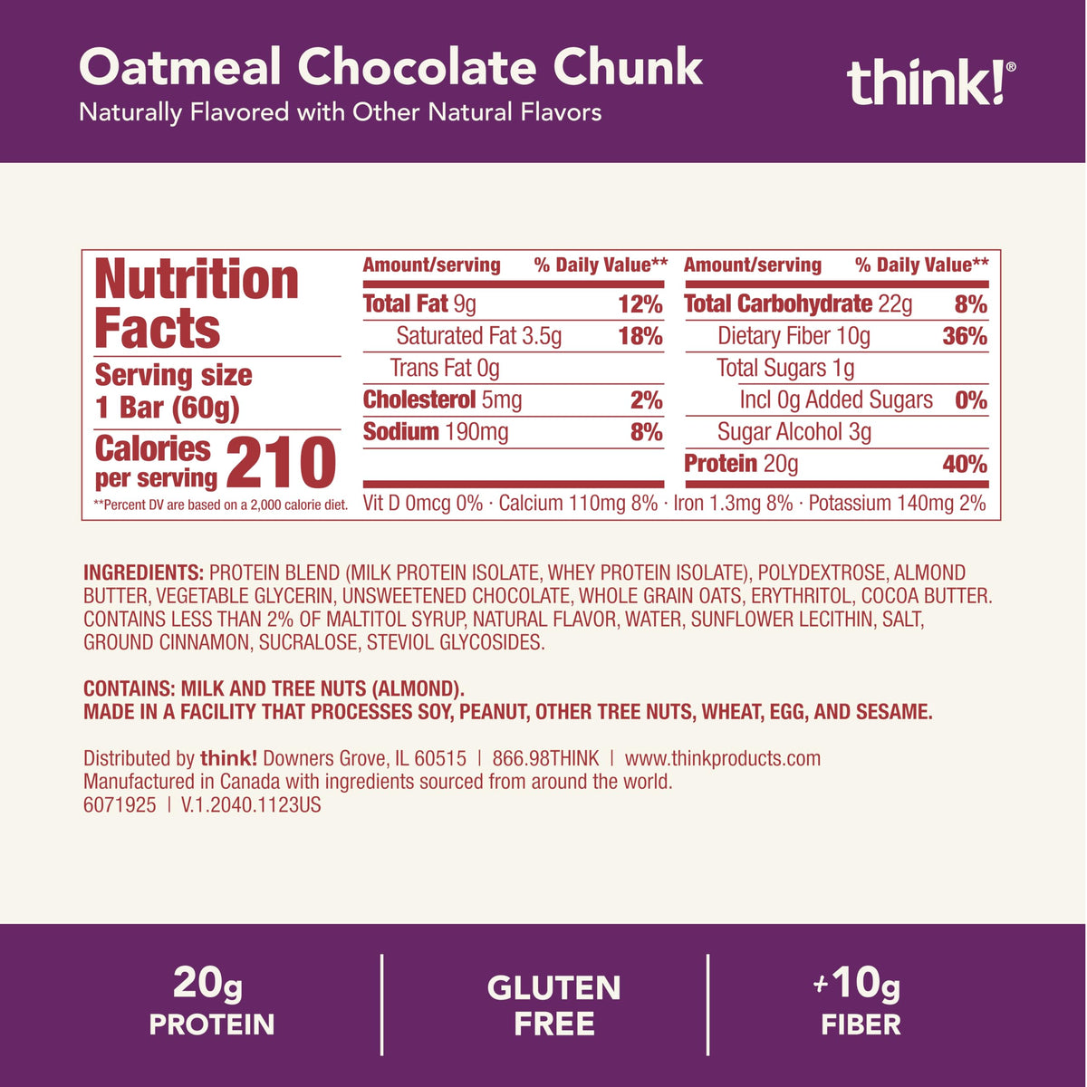 think! Protein Bars – Oatmeal Chocolate Chunk | Gluten Free, 20g Protein, 10g Fiber