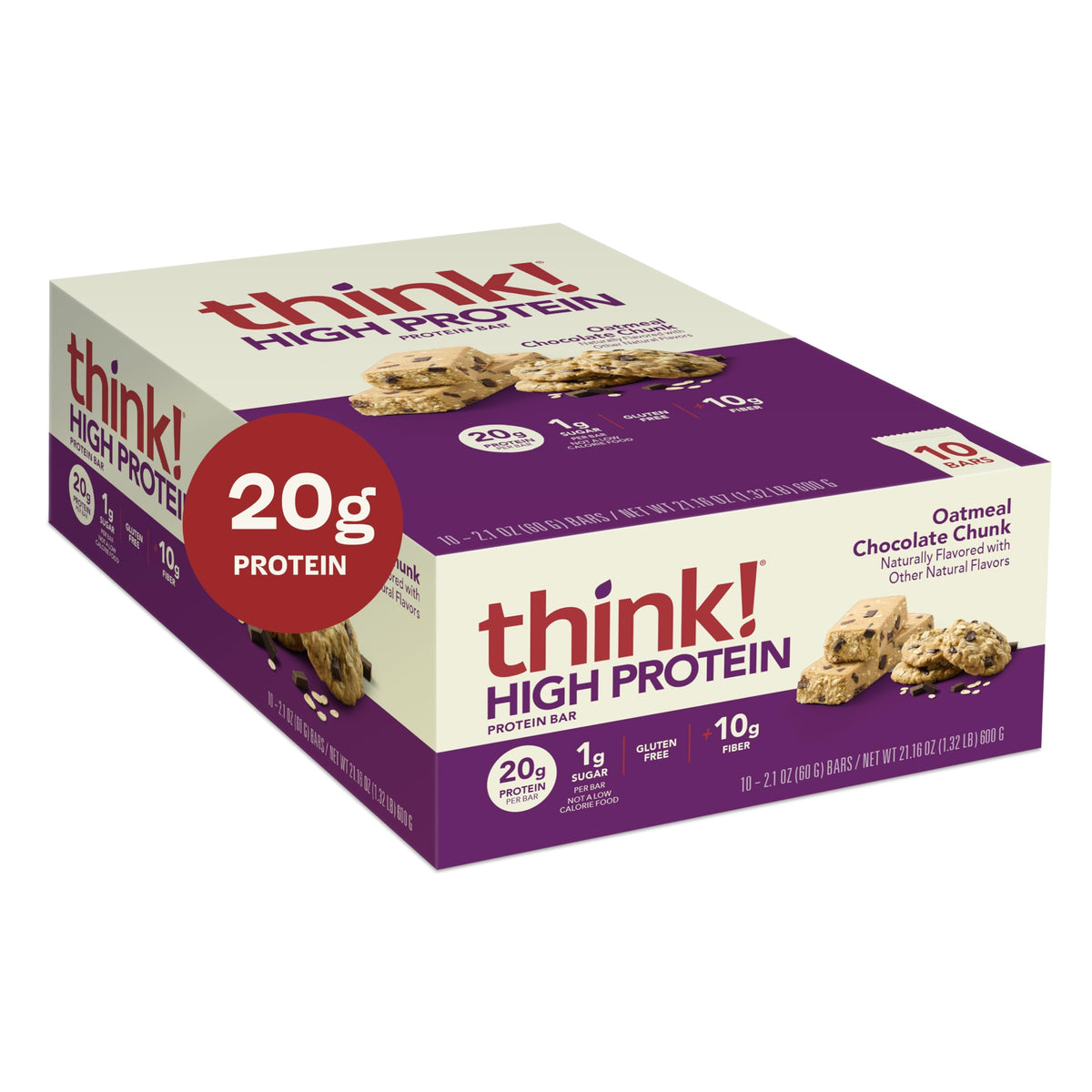 think! Protein Bars – Oatmeal Chocolate Chunk | Gluten Free, 20g Protein, 10g Fiber