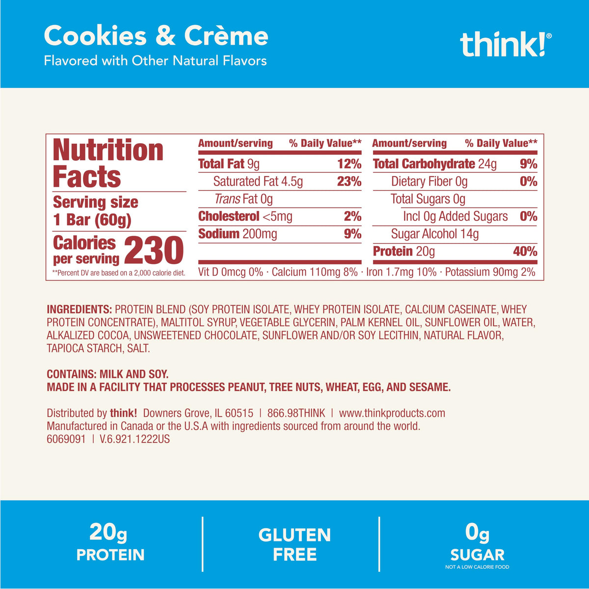 think! Cookies and Créme Protein Bars – 20g Protein, Gluten Free, Kosher, 2.1 oz, 10 Count