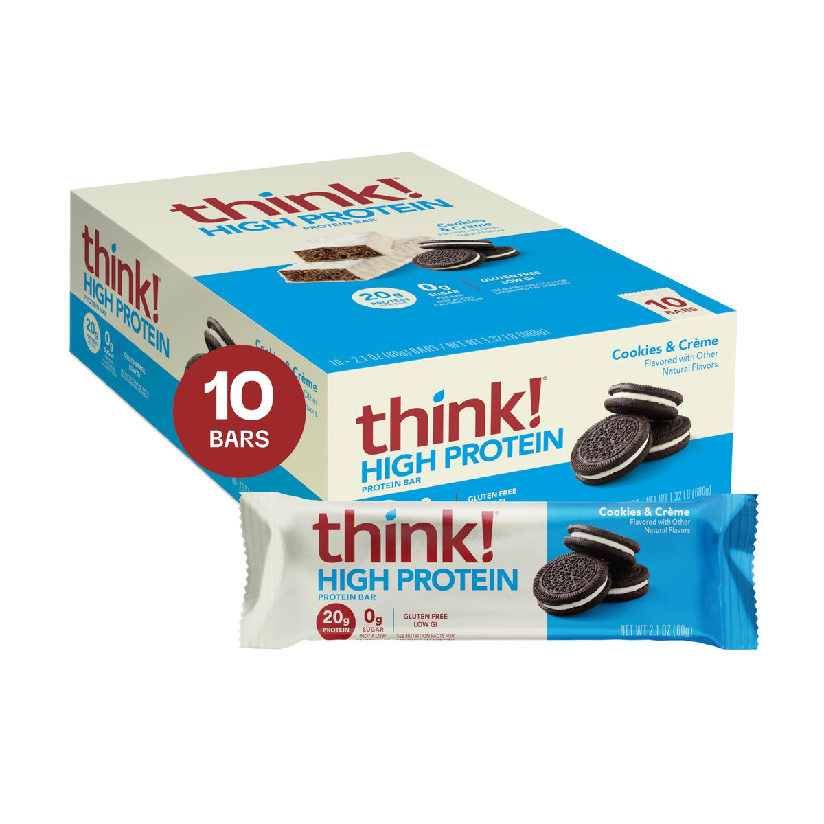 think! Cookies and Créme Protein Bars – 20g Protein, Gluten Free, Kosher, 2.1 oz, 10 Count