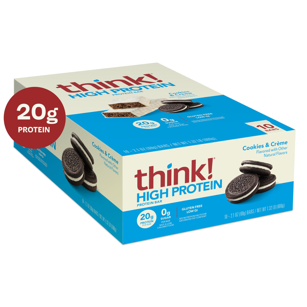 think! Cookies and Créme Protein Bars – 20g Protein, Gluten Free, Kosher, 2.1 oz, 10 Count