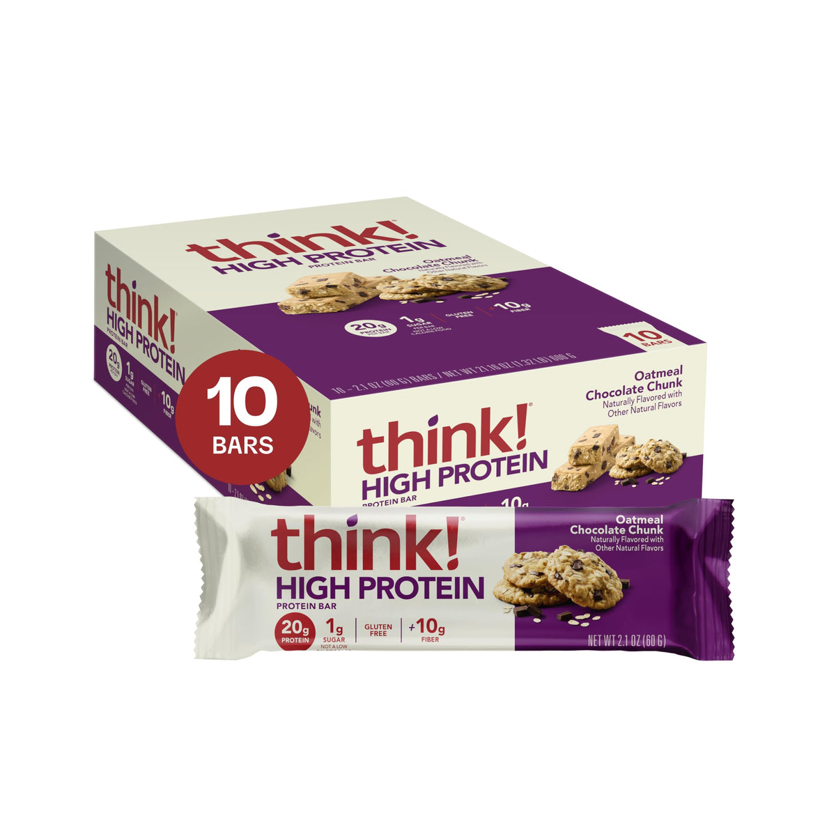 think! Protein Bars – Oatmeal Chocolate Chunk | Gluten Free, 20g Protein, 10g Fiber