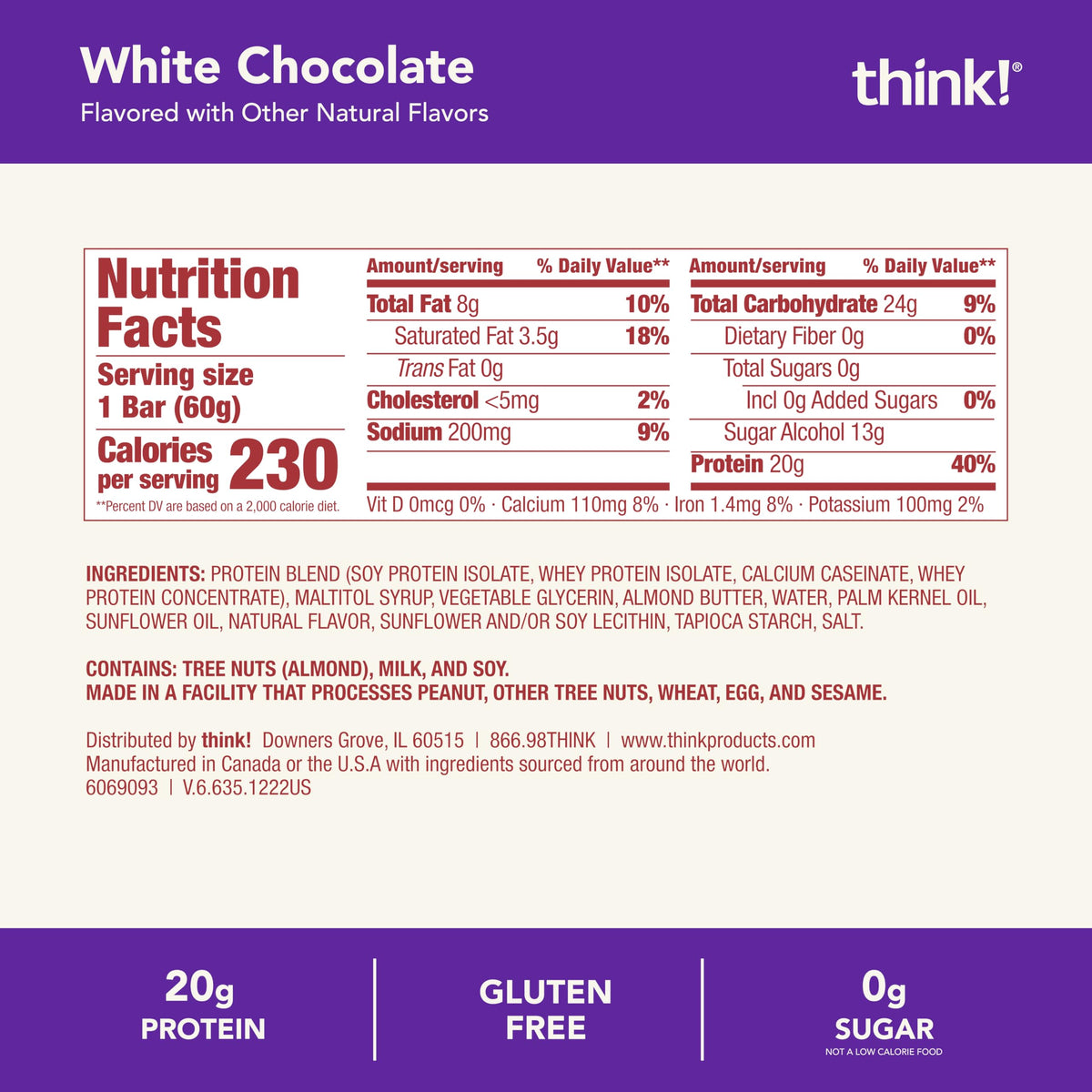 think! White Chocolate Protein Bars – 20g Protein, 0g Sugar, Gluten Free