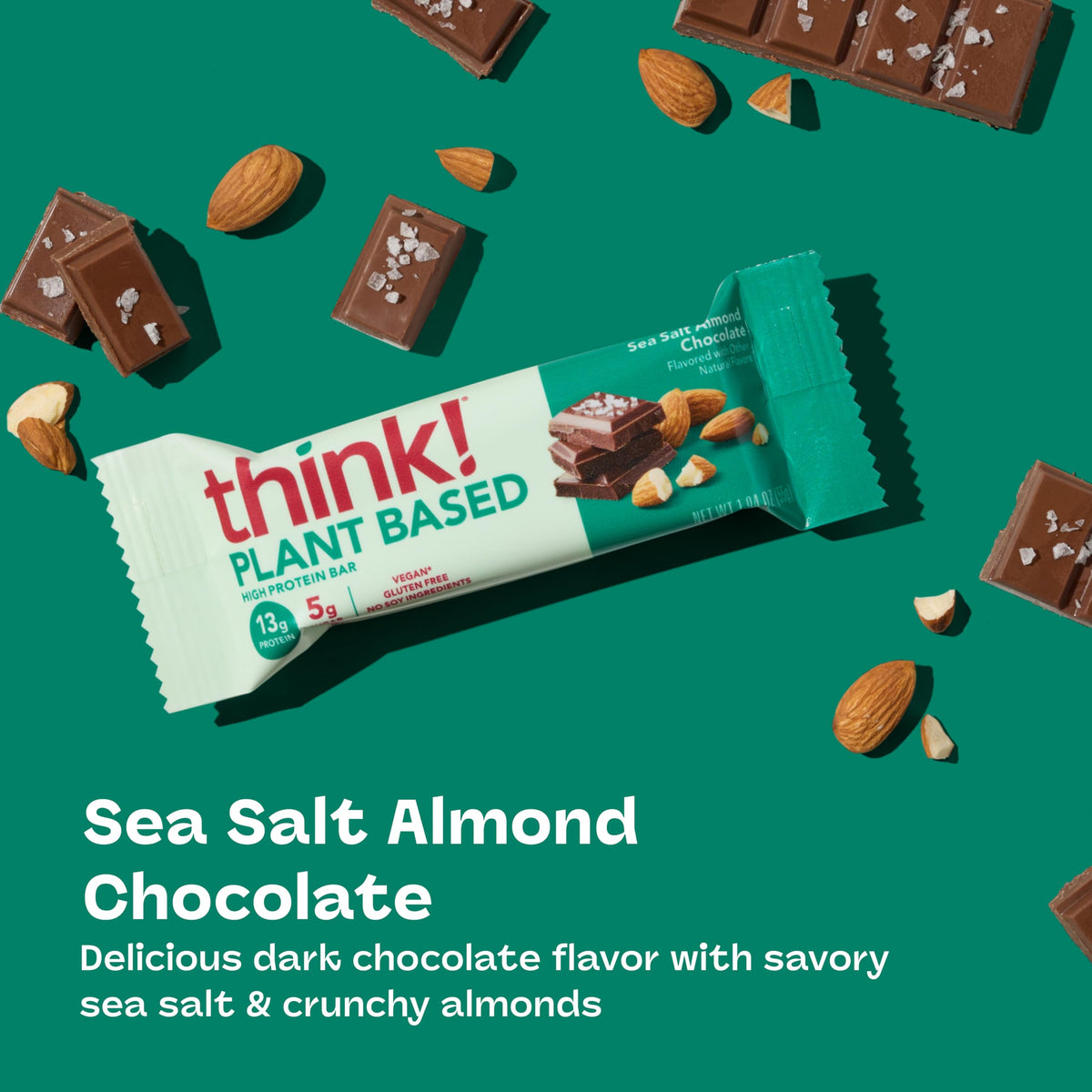 Think! Sea Salt Almond Chocolate Bar - 13g Plant Protein, 5g Sugar, Non-GMO, 10 Count, Vegan