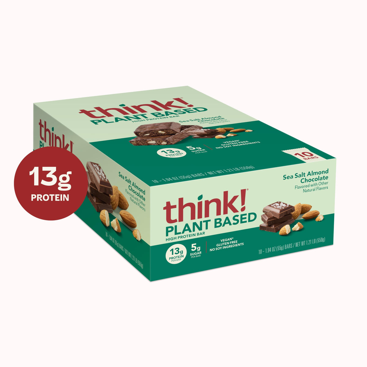 Think! Sea Salt Almond Chocolate Bar - 13g Plant Protein, 5g Sugar, Non-GMO, 10 Count, Vegan