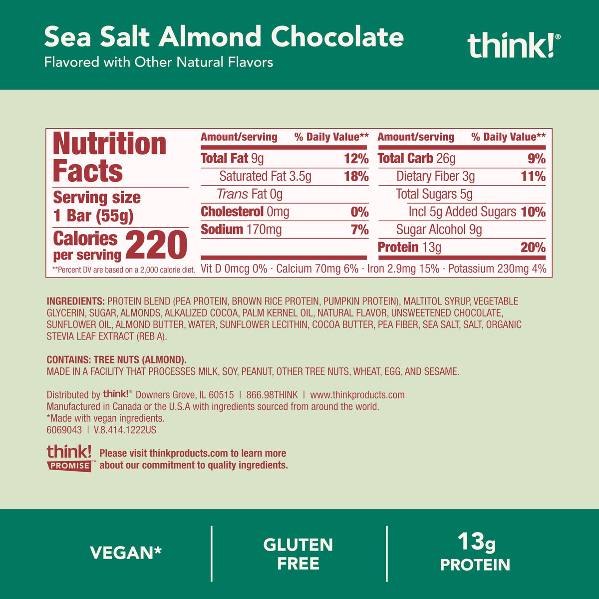 Think! Sea Salt Almond Chocolate Bar - 13g Plant Protein, 5g Sugar, Non-GMO, 10 Count, Vegan