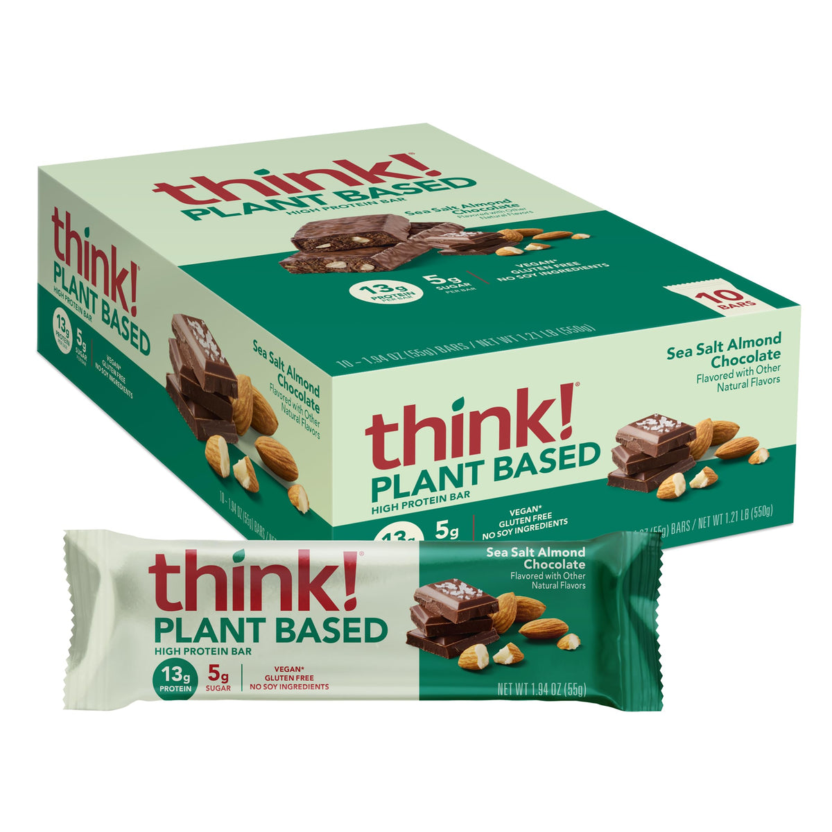 Think! Sea Salt Almond Chocolate Bar - 13g Plant Protein, 5g Sugar, Non-GMO, 10 Count, Vegan