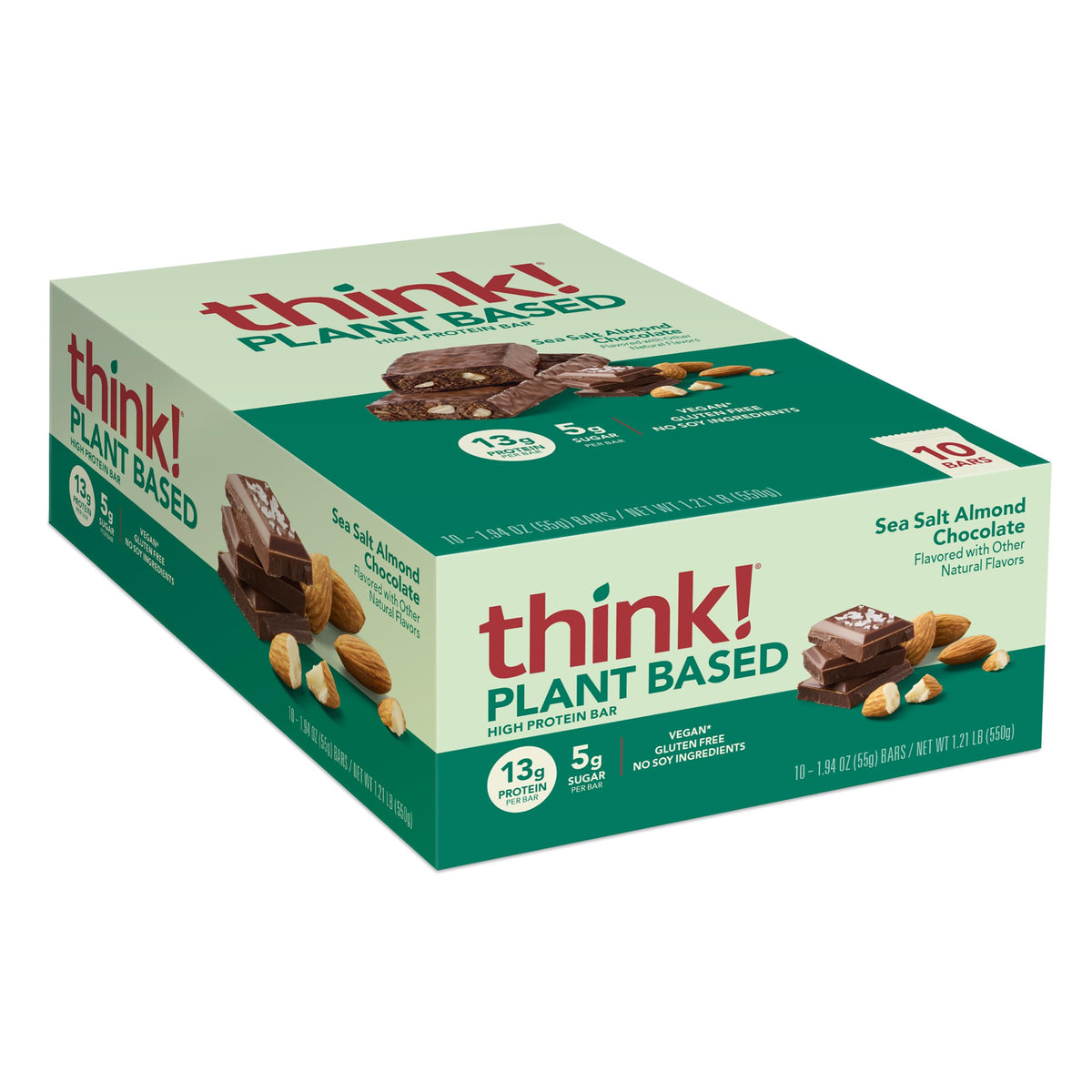 Think! Sea Salt Almond Chocolate Bar - 13g Plant Protein, 5g Sugar, Non-GMO, 10 Count, Vegan