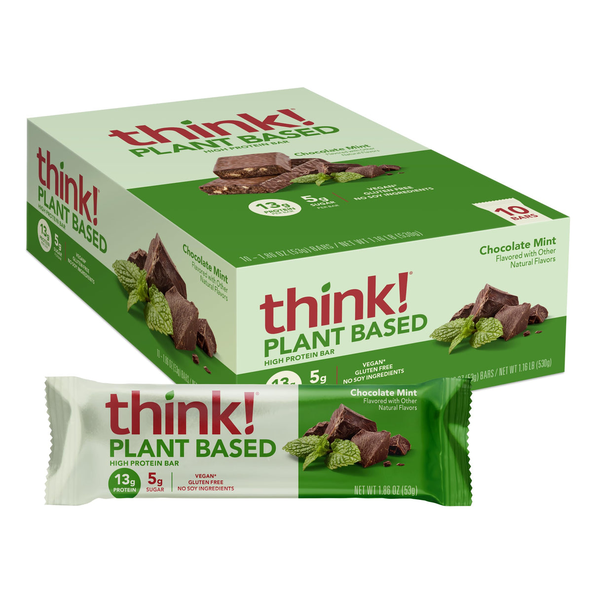 think! Vegan Protein Bars – Chocolate Mint, 13g Protein, 5g Sugar, 10 Count