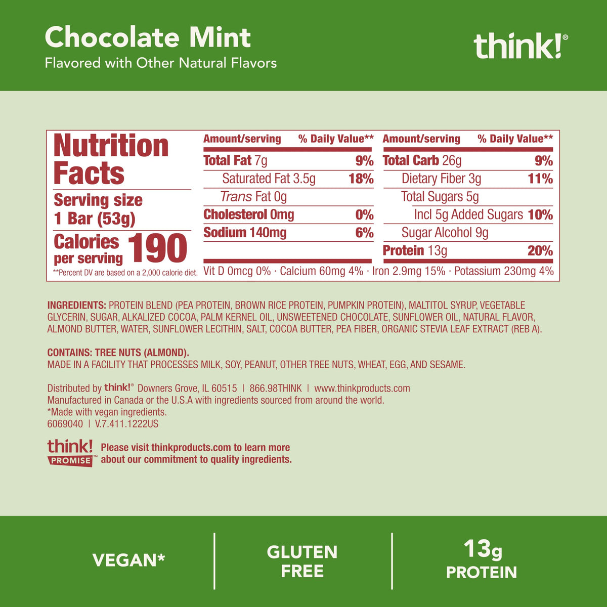 think! Vegan Protein Bars – Chocolate Mint, 13g Protein, 5g Sugar, 10 Count