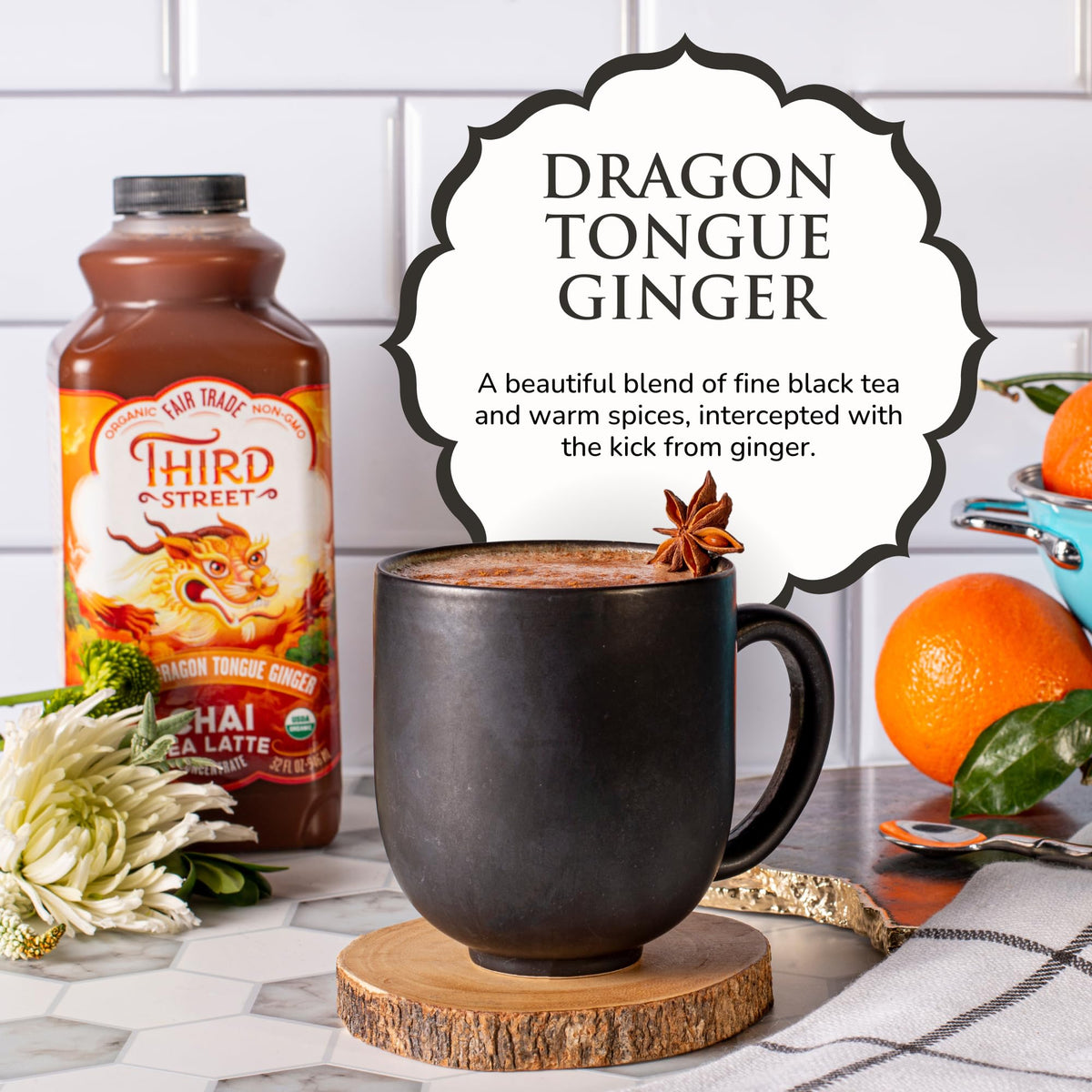 Third Street Chai Organic Dragon Tongue Ginger Concentrate 6-Pack, 32 oz | 1:1 Latte Concentrate, Vegan, Gluten Free, Kosher