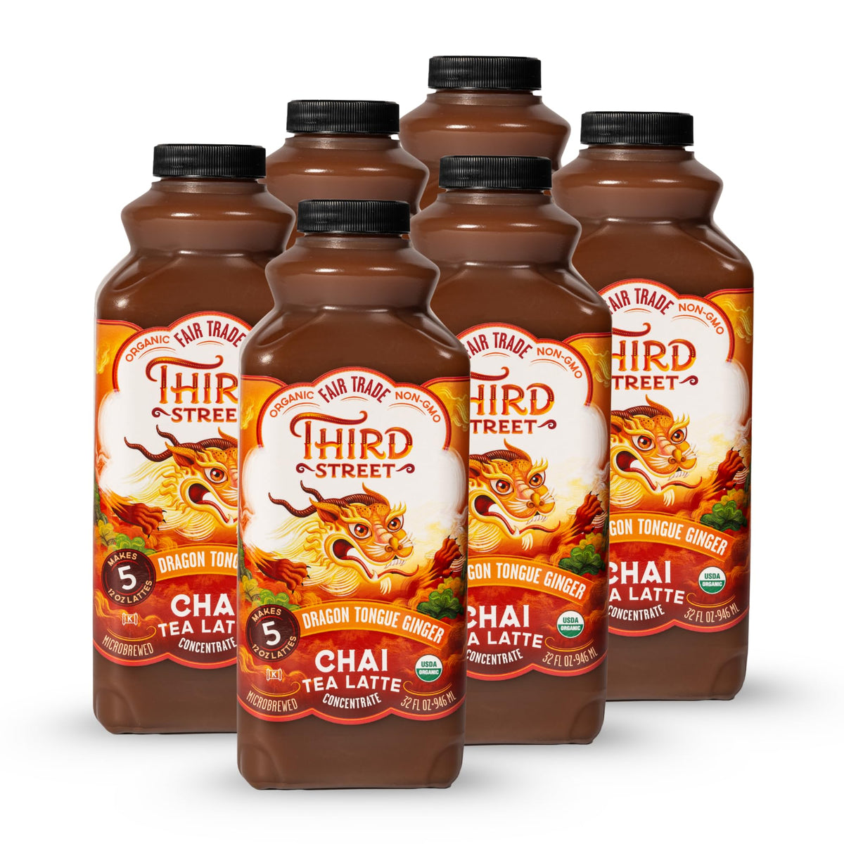 Third Street Chai Organic Dragon Tongue Ginger Concentrate 6-Pack, 32 oz | 1:1 Latte Concentrate, Vegan, Gluten Free, Kosher