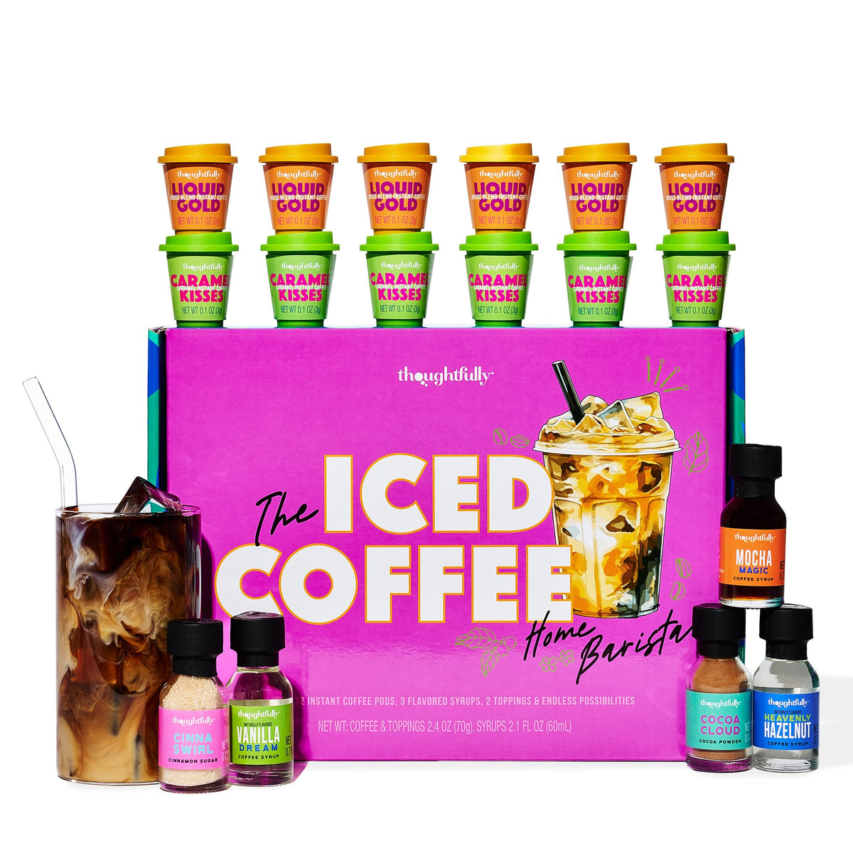 Thoughtfully Iced Coffee Barista Gift Set – Instant Coffee, Flavored Syrups & Cocoa