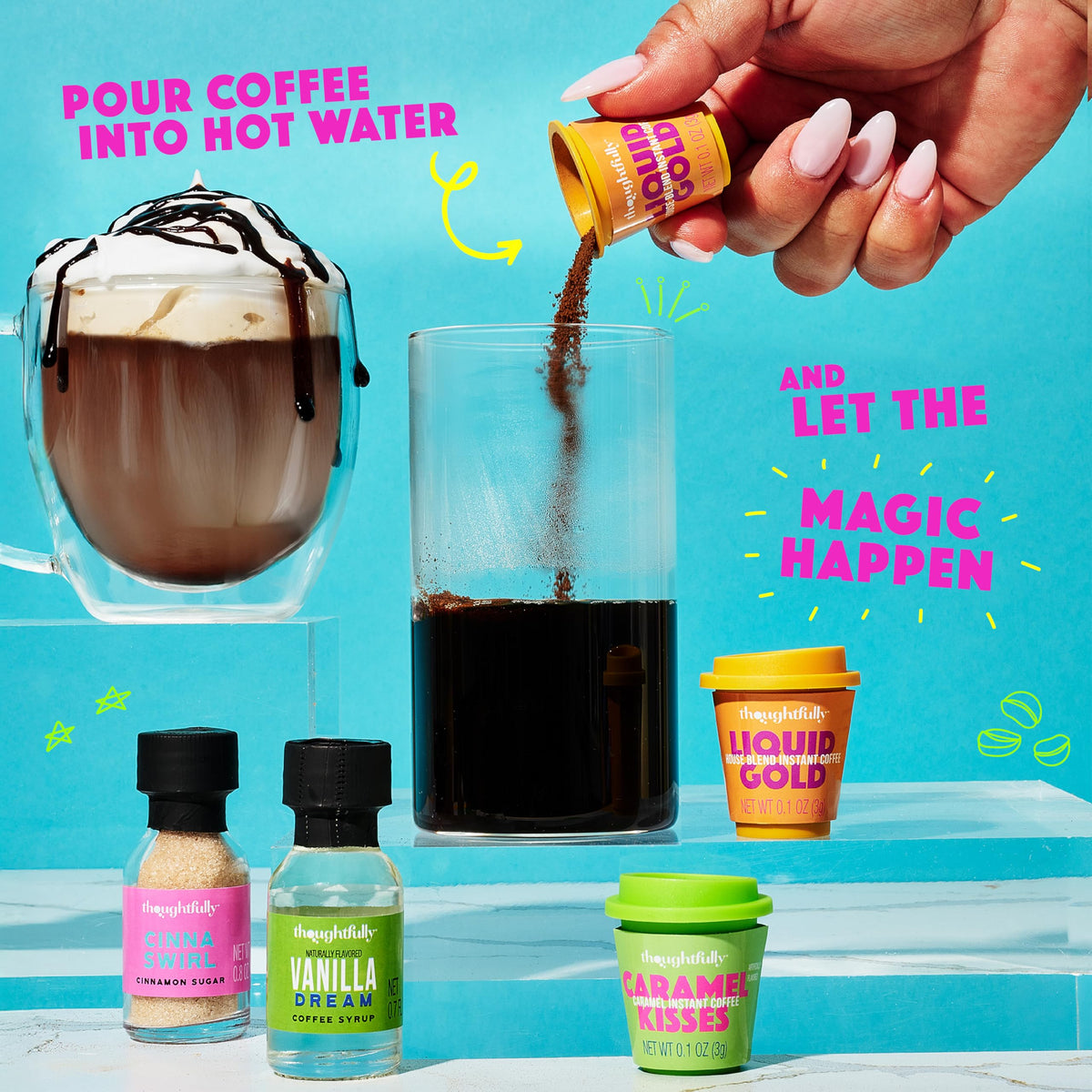 Thoughtfully Iced Coffee Barista Gift Set – Instant Coffee, Flavored Syrups & Cocoa