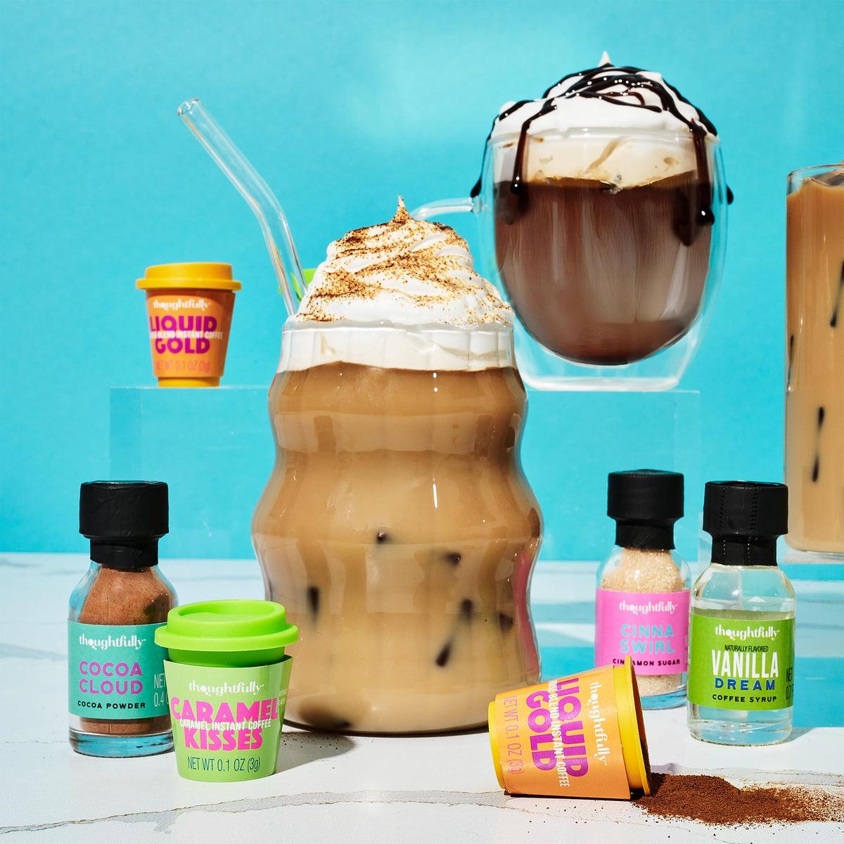 Thoughtfully Iced Coffee Barista Gift Set – Instant Coffee, Flavored Syrups & Cocoa