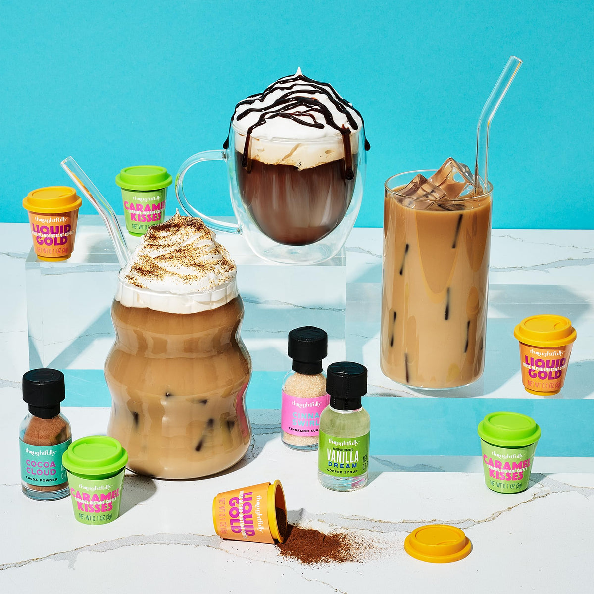 Thoughtfully Iced Coffee Barista Gift Set – Instant Coffee, Flavored Syrups & Cocoa