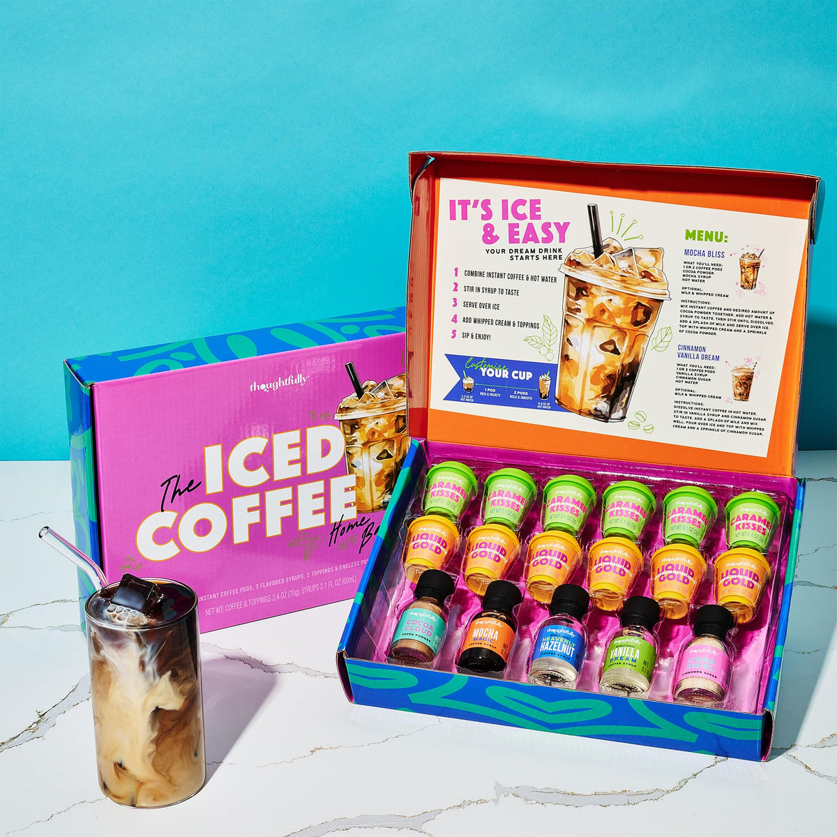 Thoughtfully Iced Coffee Barista Gift Set – Instant Coffee, Flavored Syrups & Cocoa