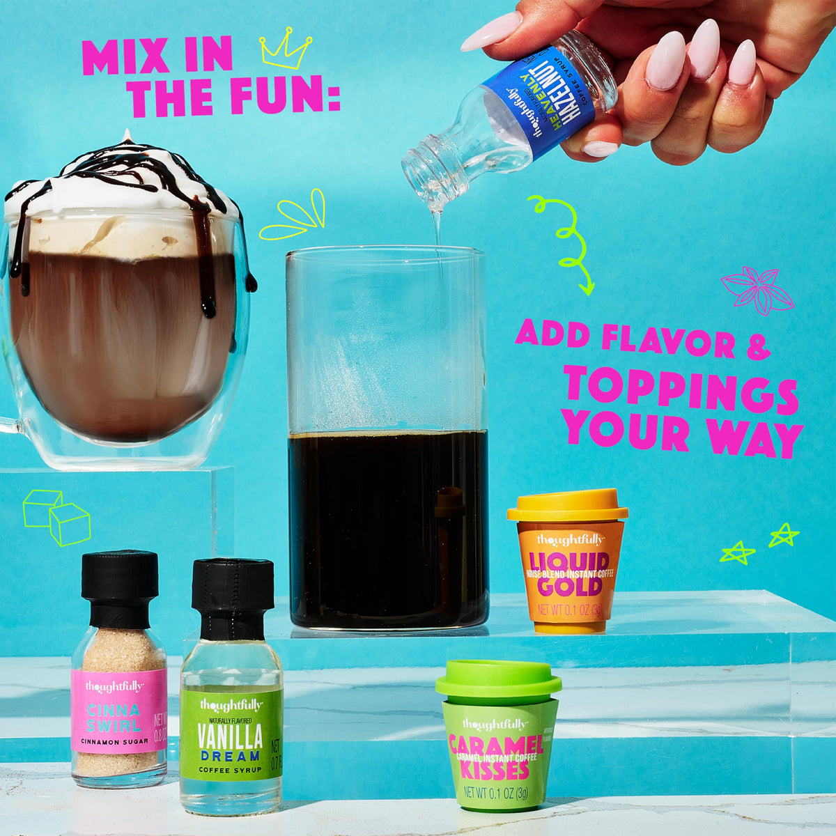 Thoughtfully Iced Coffee Barista Gift Set – Instant Coffee, Flavored Syrups & Cocoa