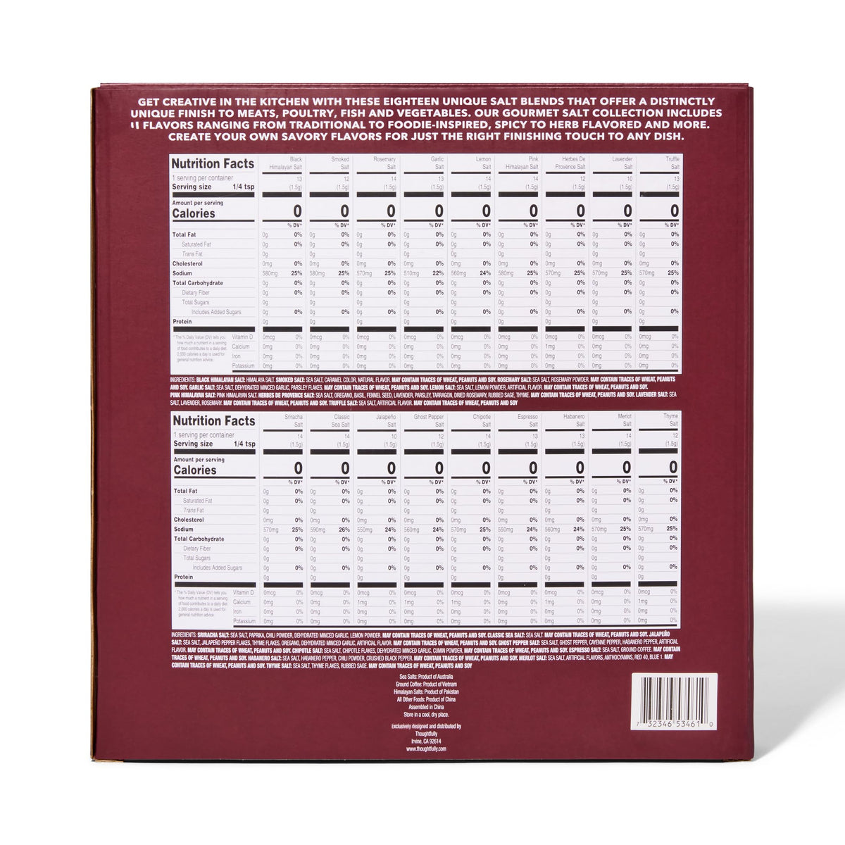 Thoughtfully Gourmet Salt Sampler Collection — 18 Flavored Salts Gift Set (Vegan)