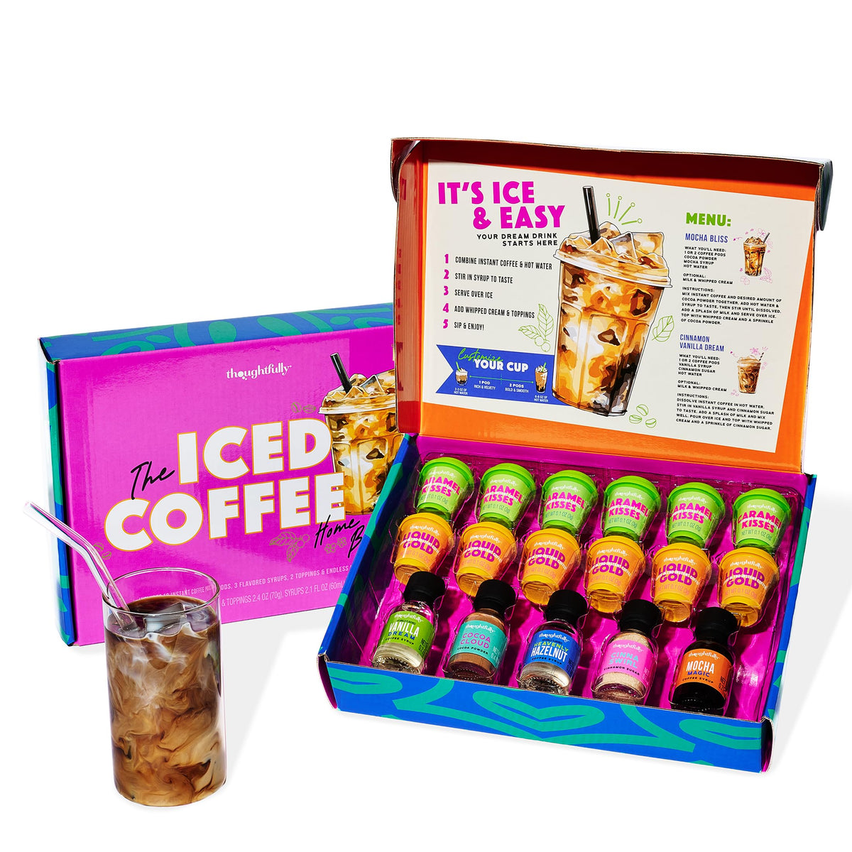Thoughtfully Iced Coffee Barista Gift Set – Instant Coffee, Flavored Syrups & Cocoa