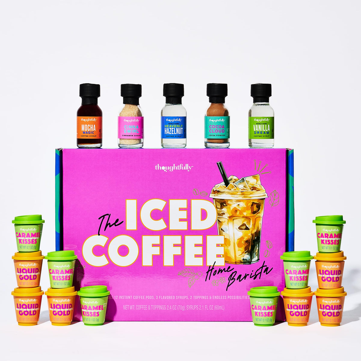 Thoughtfully Iced Coffee Barista Gift Set – Instant Coffee, Flavored Syrups & Cocoa