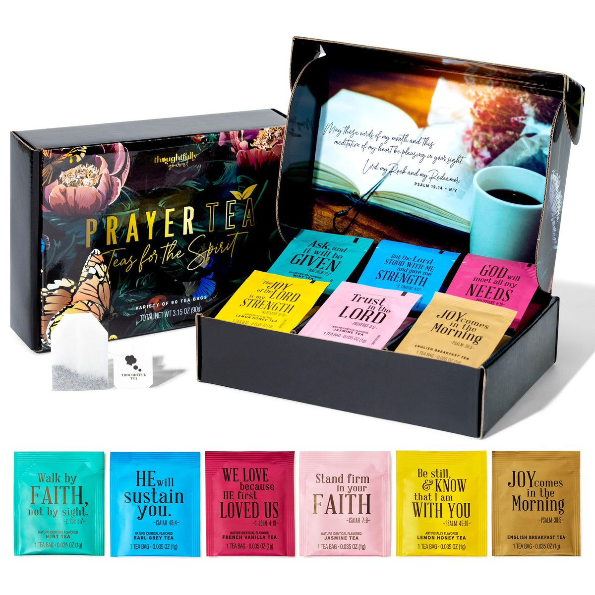 Thoughtfully Tea Affirmations Gift Set for Women – 90 Tea Bags, 6 Flavors, Bible Verses