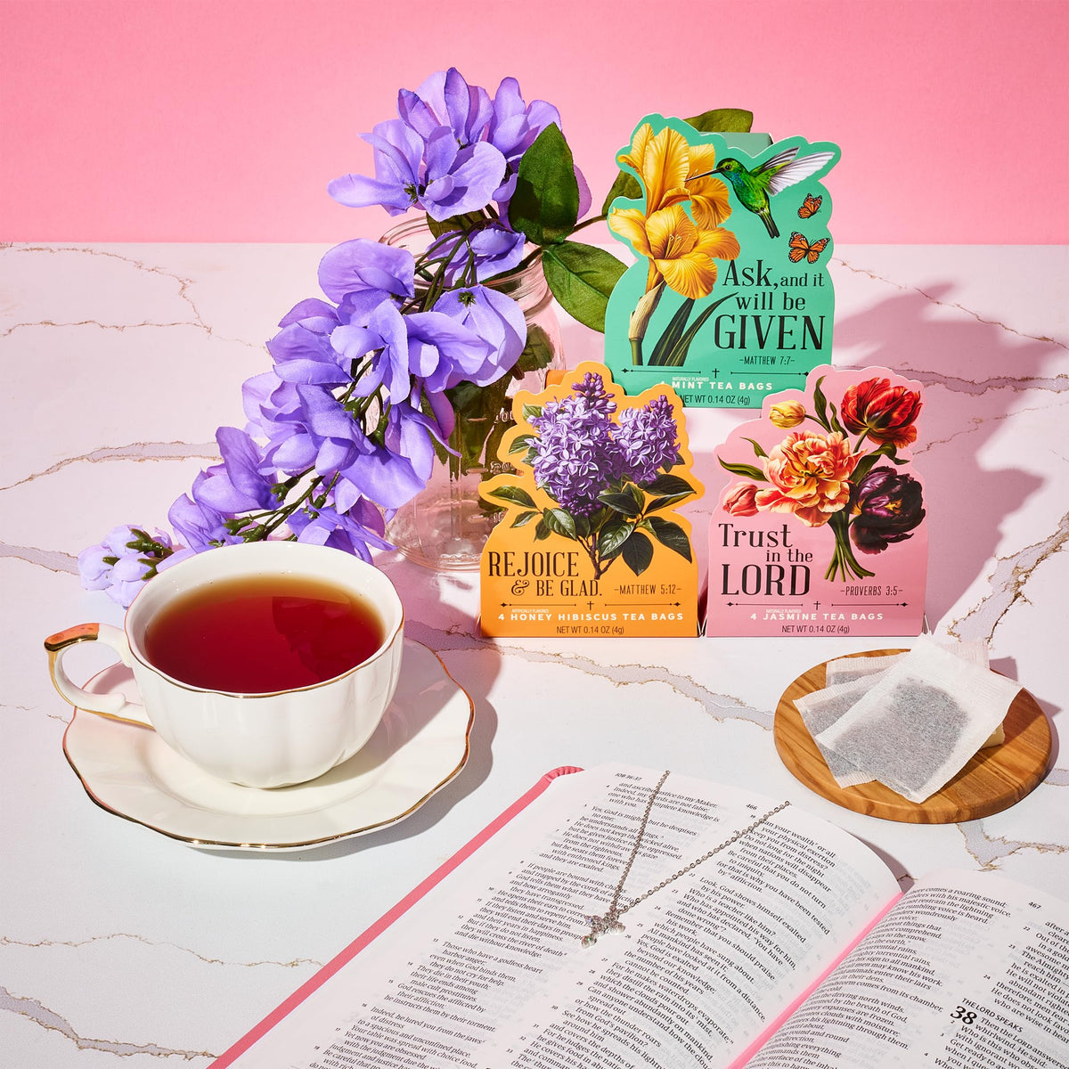 Thoughtfully Tea Affirmations Gift Set - 15 Floral Boxes with Bible Verses