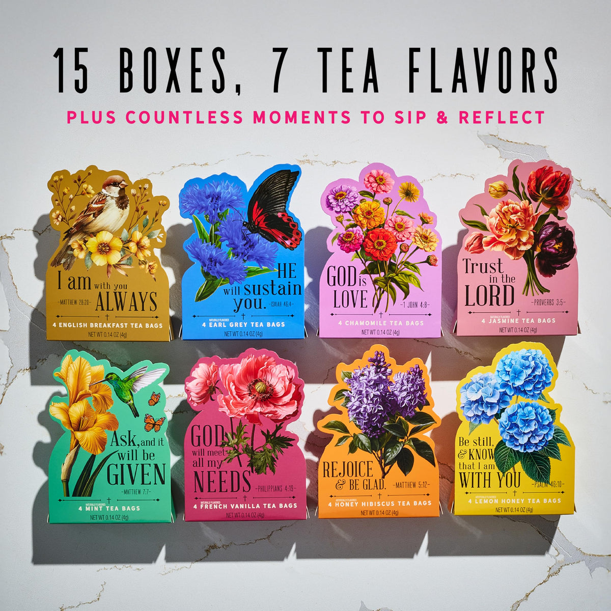 Thoughtfully Tea Affirmations Gift Set - 15 Floral Boxes with Bible Verses