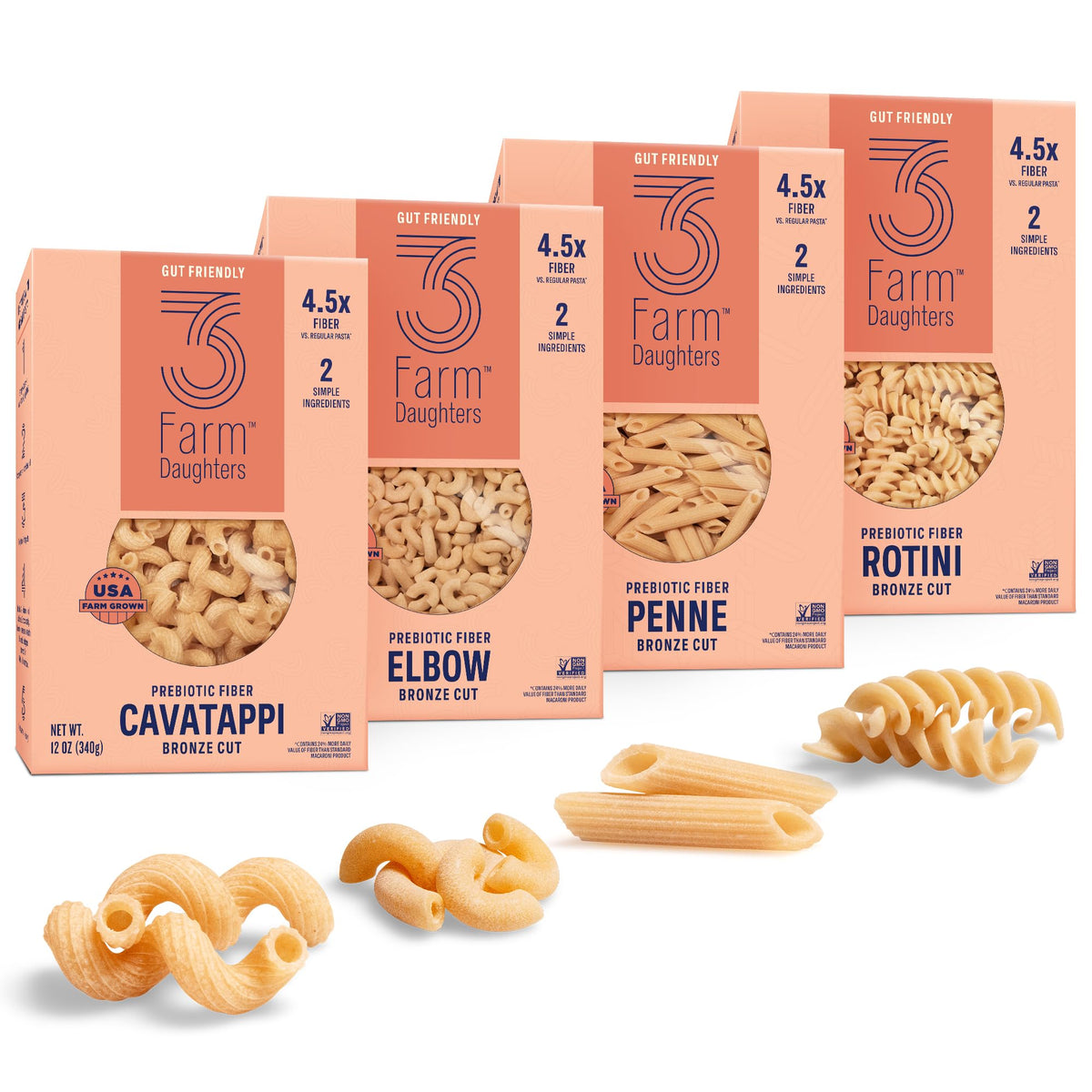 Three Farm Daughters High Fiber Pasta Variety Pack – Penne, Elbow, Rotini & Cavatappi, Low GI, Non-GMO, Low Net Carb, Made in USA, 12 oz (4 Pack)