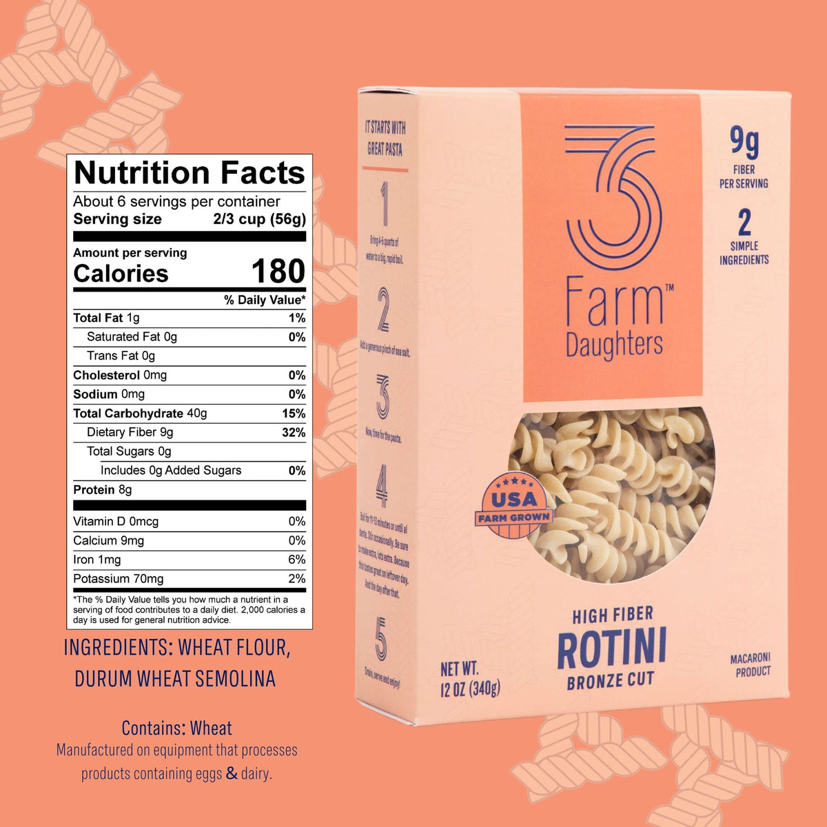 Three Farm Daughters High Fiber Pasta Variety Pack – Penne, Elbow, Rotini & Cavatappi, Low GI, Non-GMO, Low Net Carb, Made in USA, 12 oz (4 Pack)