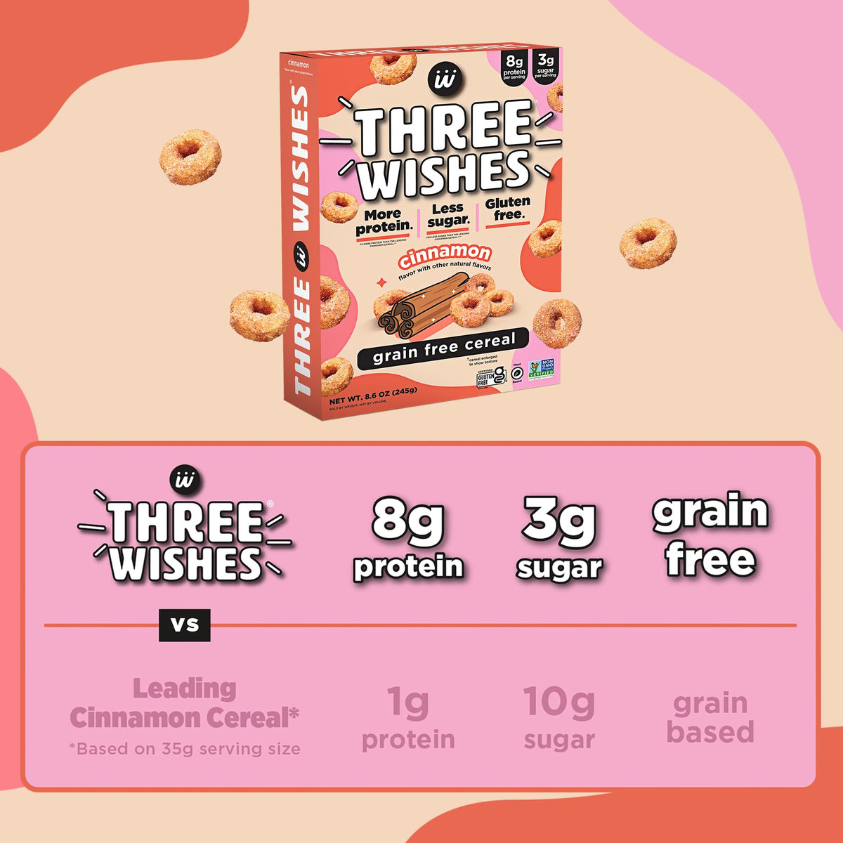 Three Wishes Grain-Free Protein Breakfast Cereal – Cinnamon, 8g Protein, 3g Sugar, 6-Pack