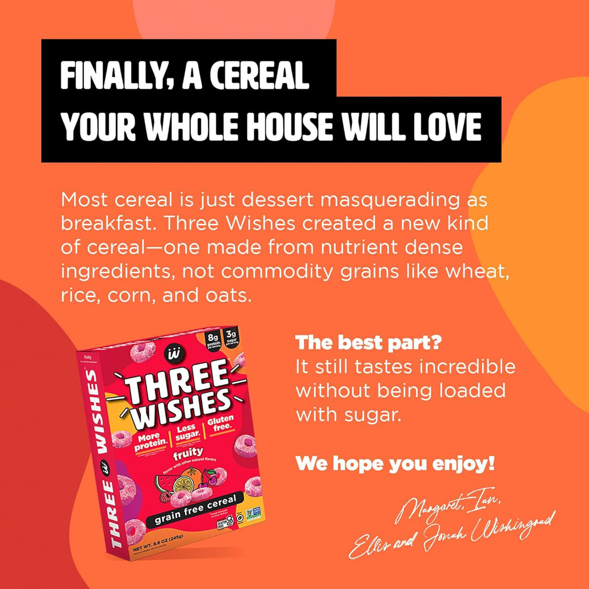 Three Wishes Grain-Free Protein Breakfast Cereal – 8g Protein, 3g Sugar, Gluten Free, Vegan, Non-GMO, Organic Cane Sugar & Cinnamon – Fruity, 6-Pack