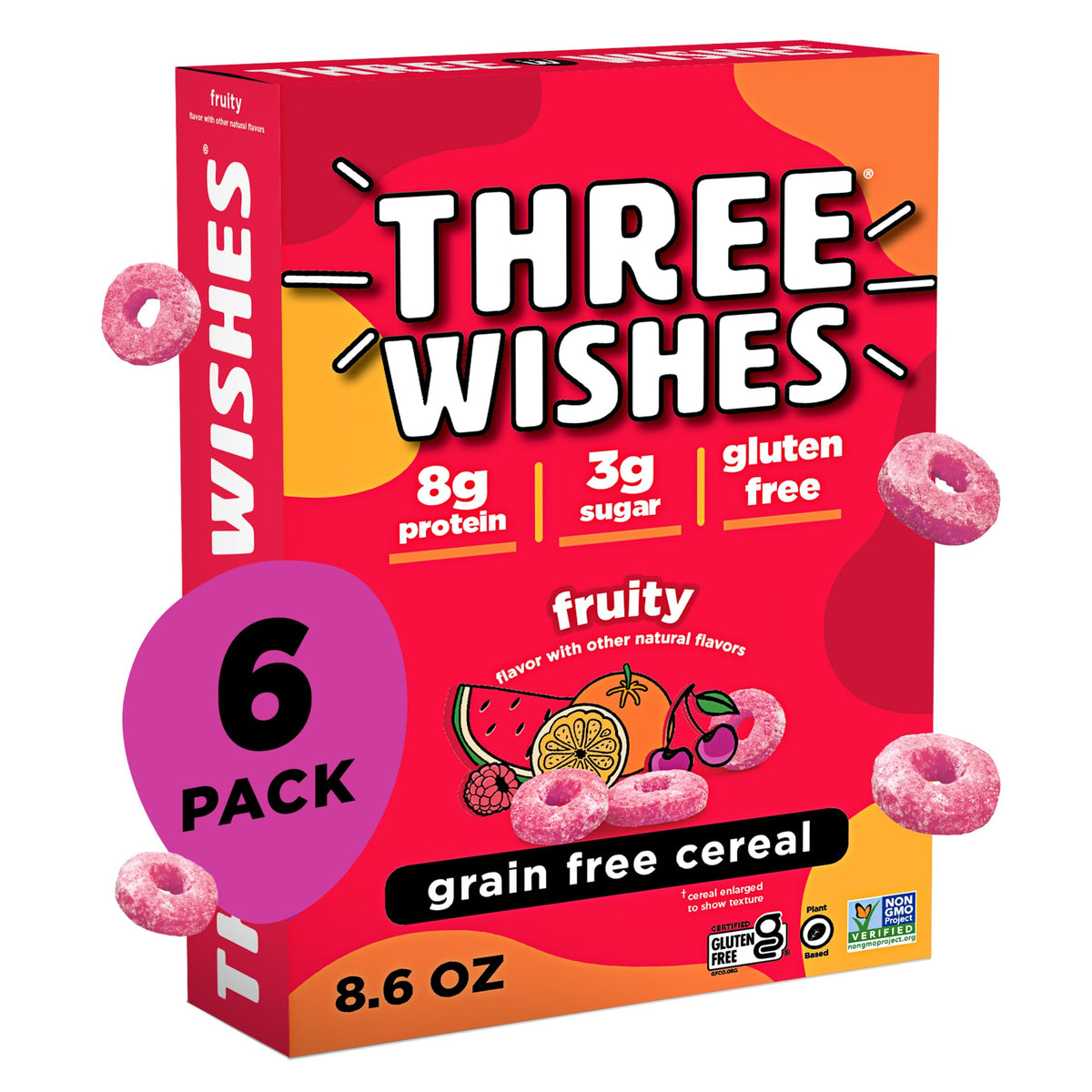 Three Wishes Grain-Free Protein Breakfast Cereal – 8g Protein, 3g Sugar, Gluten Free, Vegan, Non-GMO, Organic Cane Sugar & Cinnamon – Fruity, 6-Pack
