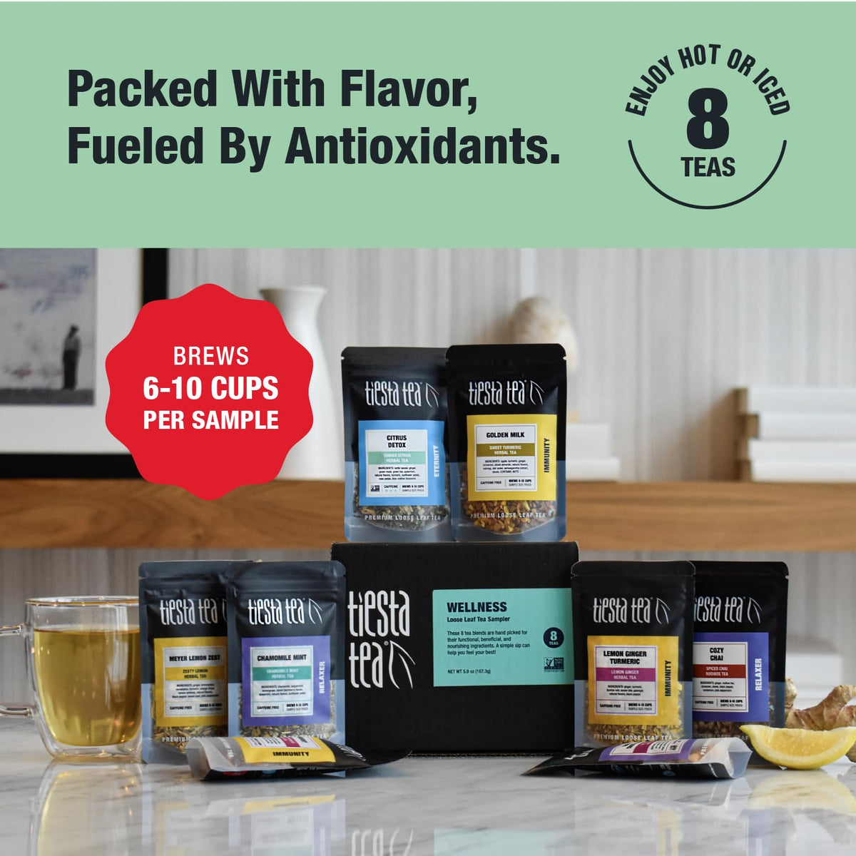 Tiesta Tea Wellness Sampler Dry Flight Set – 8 Loose Leaf Blends for Hot or Iced Tea