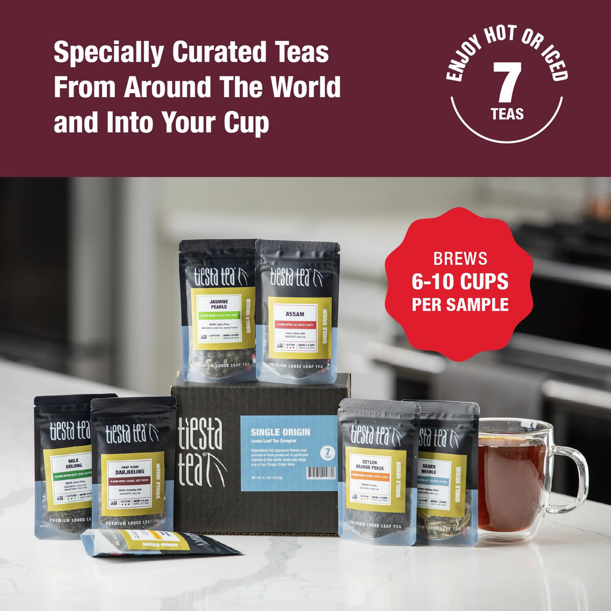 Tiesta Tea Single Origin Sampler Dry Flight Set — 7 Pouches, Hot & Iced, Mother's Day Gift