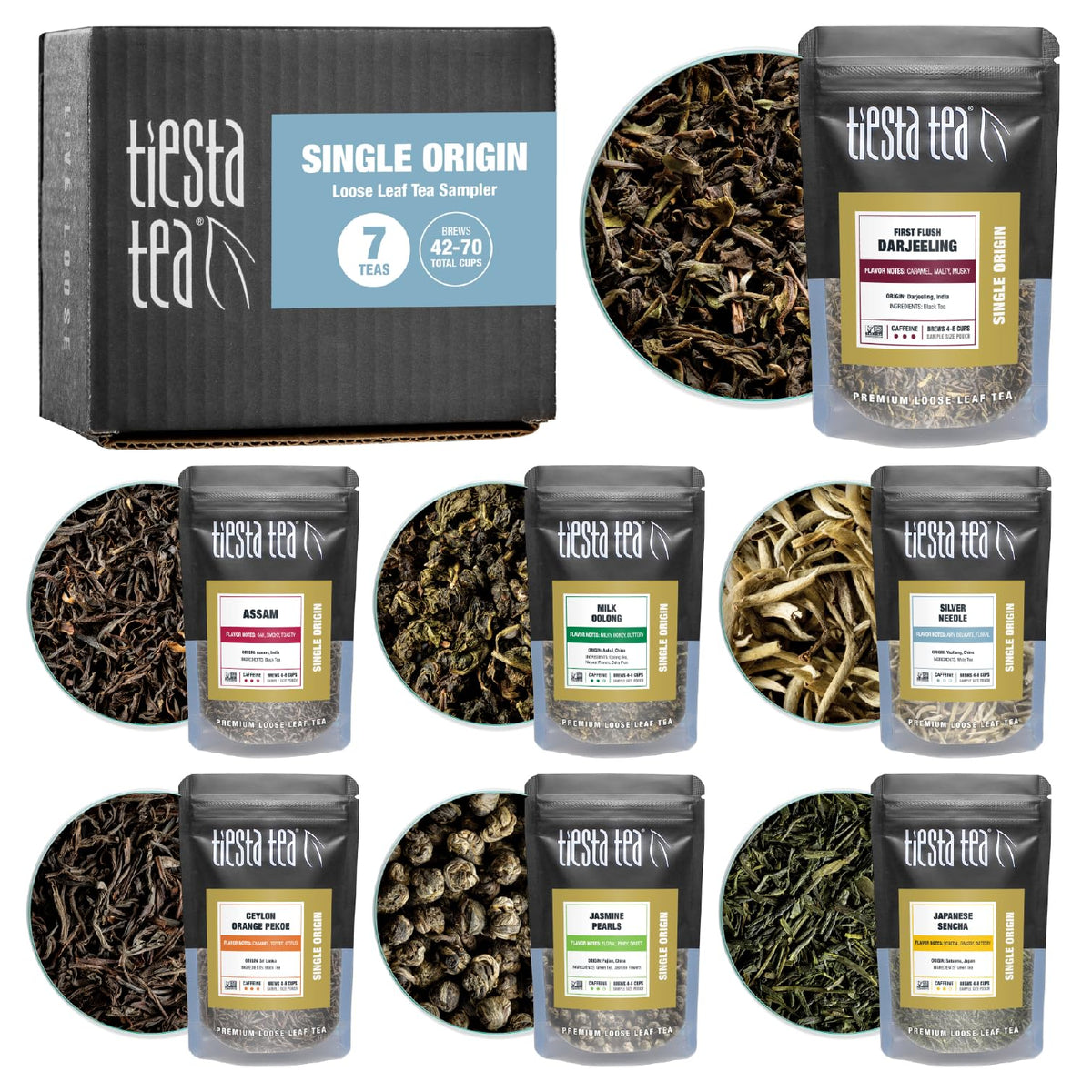 Tiesta Tea Single Origin Sampler Dry Flight Set — 7 Pouches, Hot & Iced, Mother's Day Gift