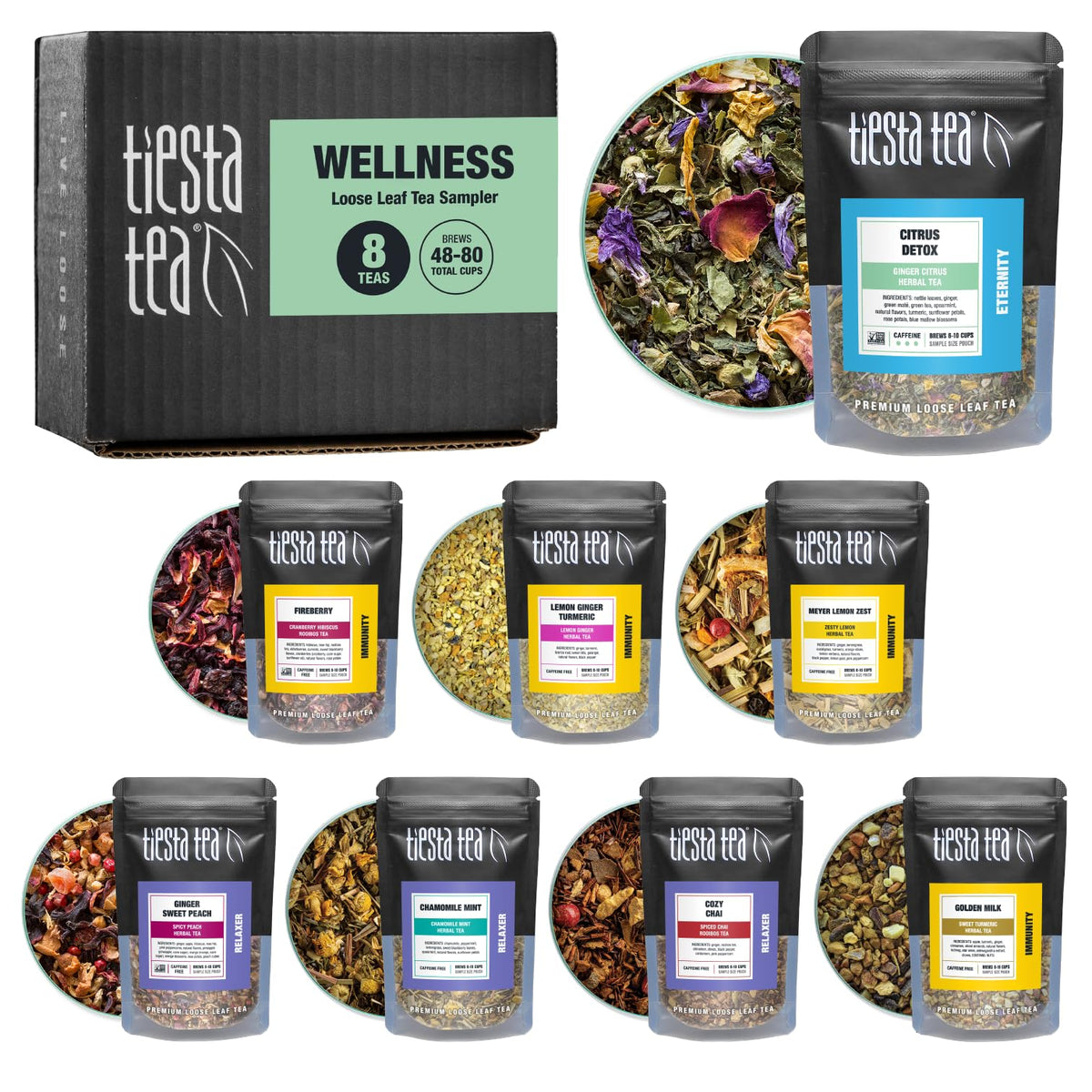 Tiesta Tea Wellness Sampler Dry Flight Set – 8 Loose Leaf Blends for Hot or Iced Tea