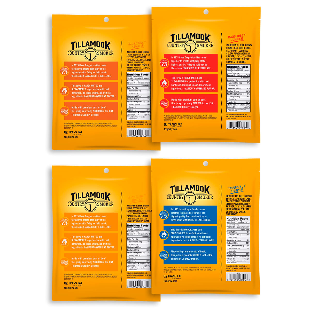 Tillamook Country Smoker Real Hardwood Smoked Beef Jerky Variety Pack, 2.5 oz (Pack of 4)