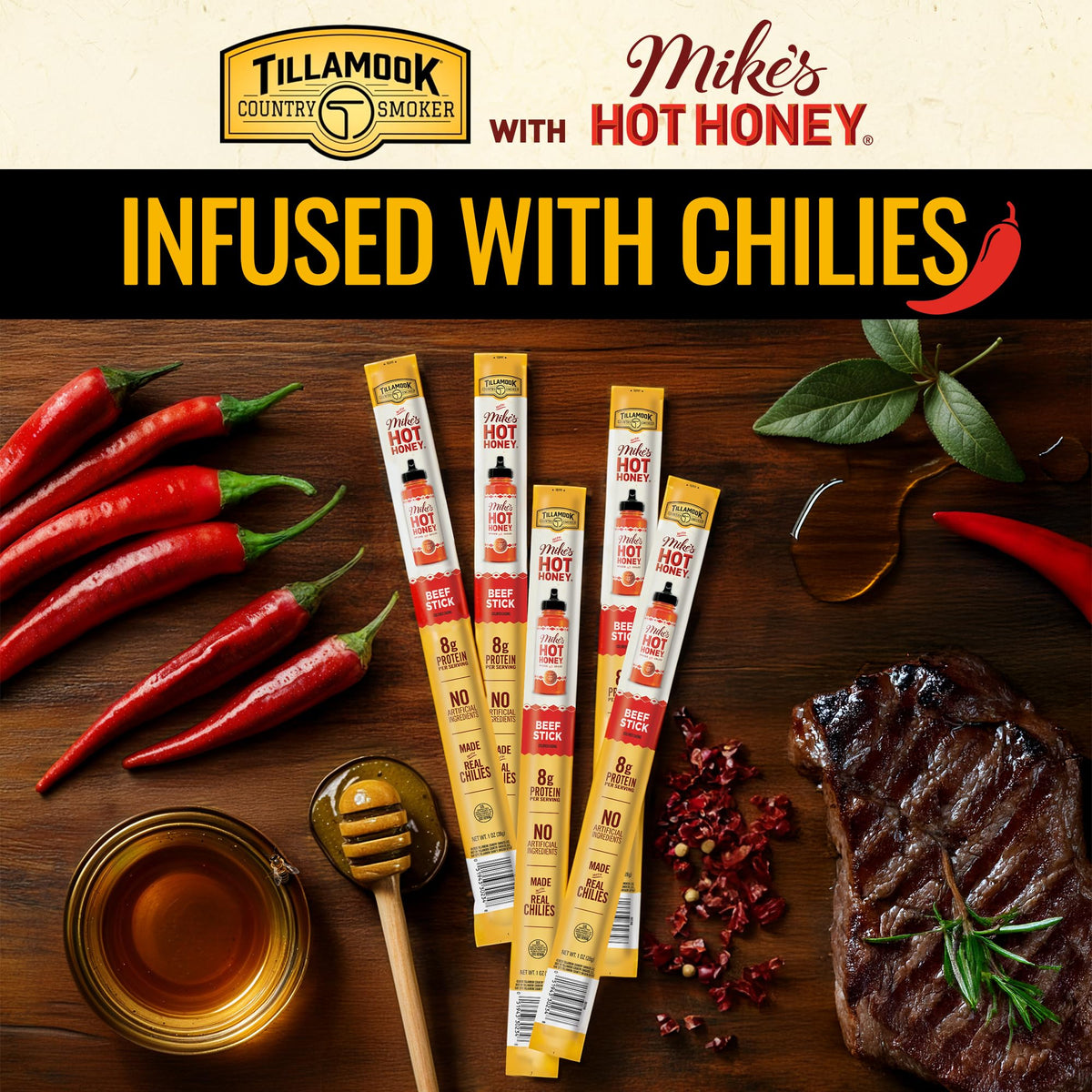 Tillamook Country Smoker Mike’s Hot Honey Beef Sticks – 24 Pack, 1 oz Each, Hardwood Smoked